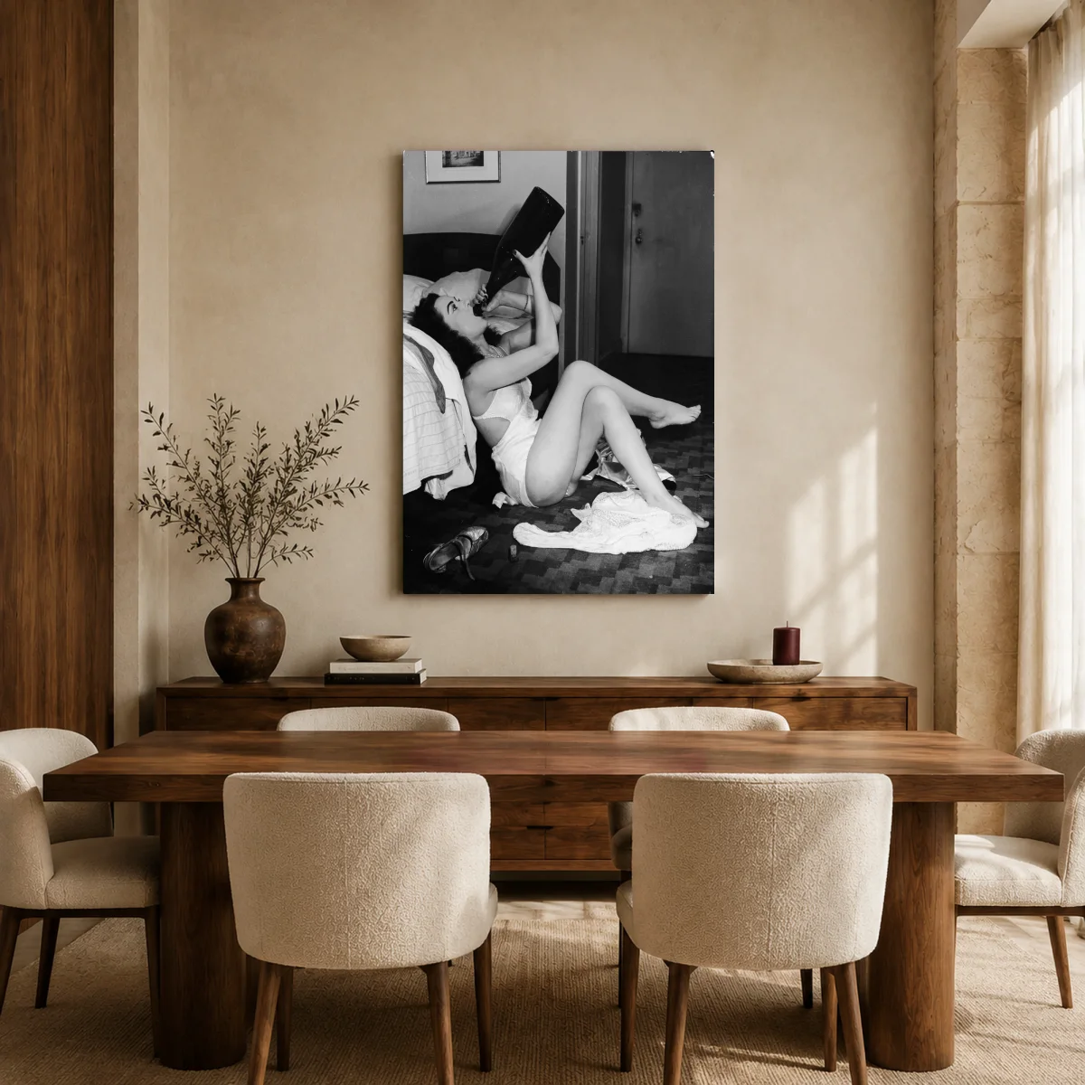 Vintage Hollywood Starlet Drinking From Giant Bottle Canvas Print — canvas 2 room mockup