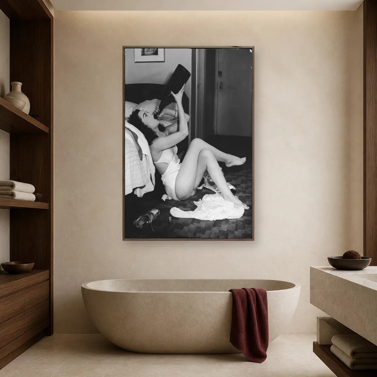 Vintage Hollywood Starlet Drinking From Giant Bottle Canvas Print — espresso room mockup