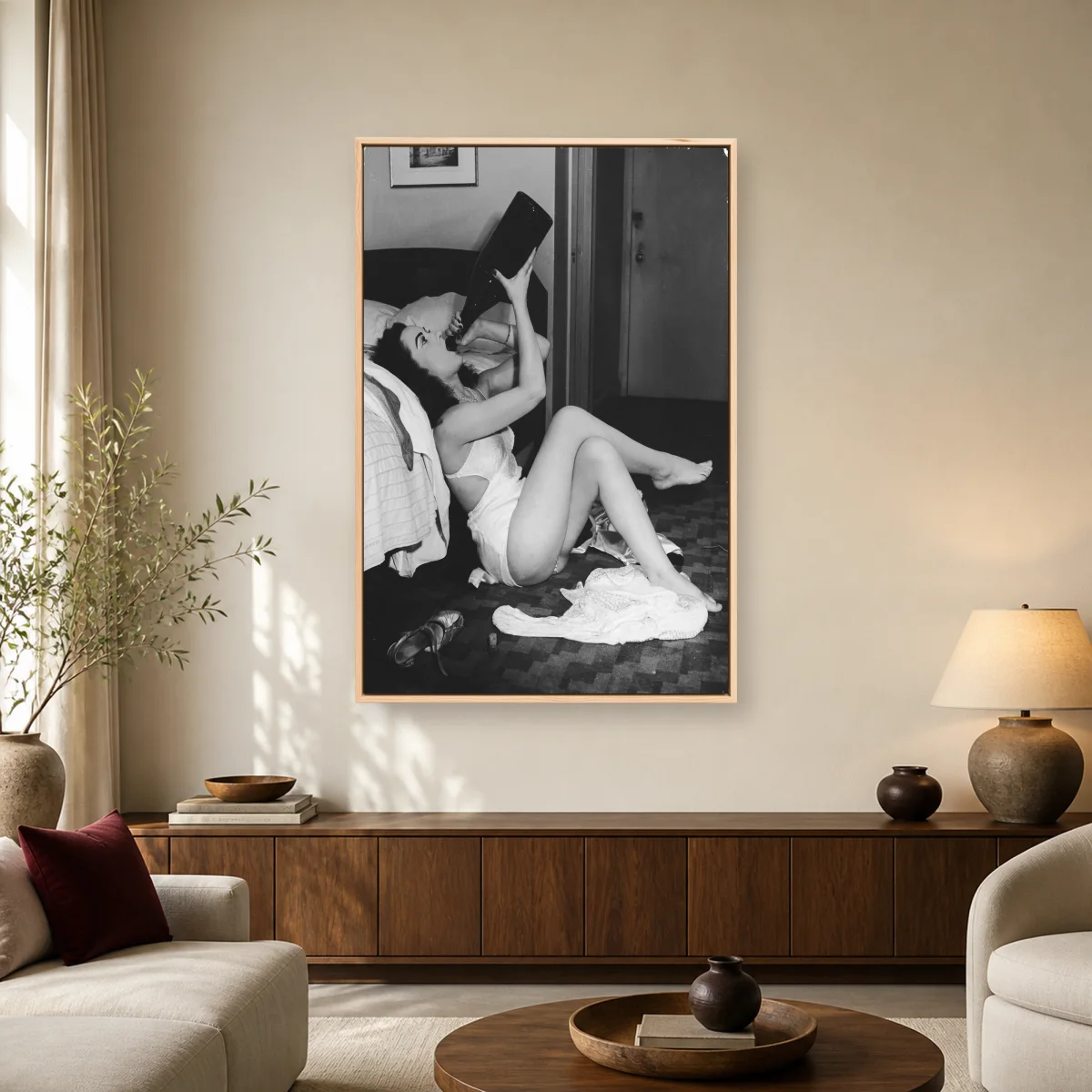 Vintage Hollywood Starlet Drinking From Giant Bottle Canvas Print — natural room mockup