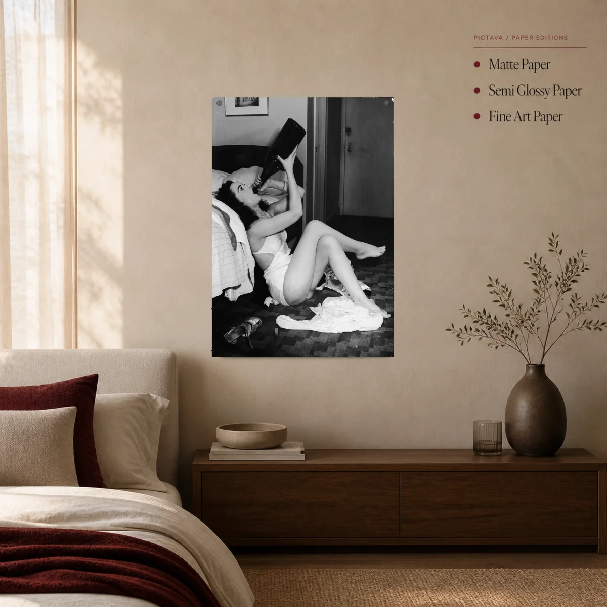 Vintage Hollywood Starlet Drinking From Giant Bottle Canvas Print — poster room mockup