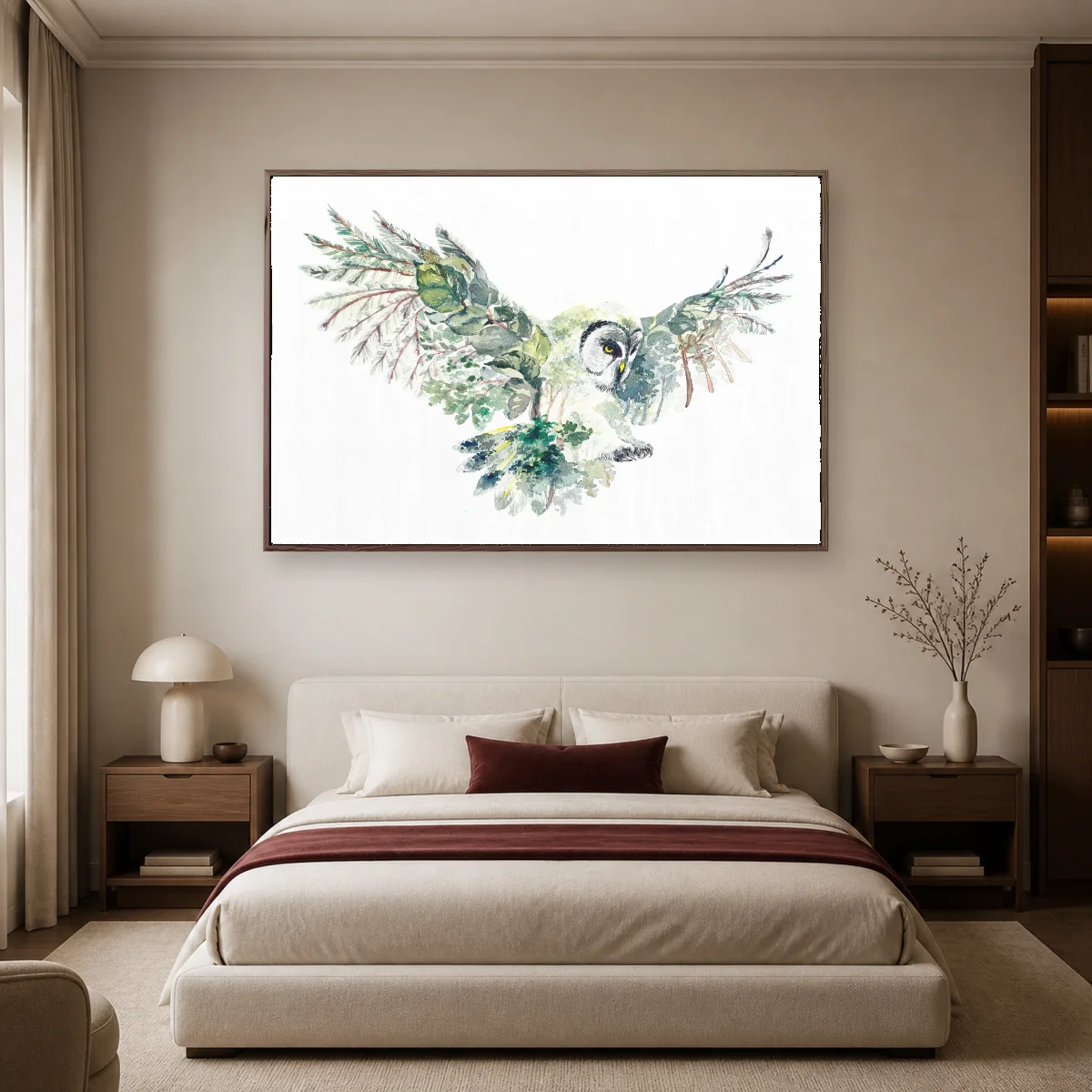 Watercolor Owl Forest Double Exposure Fine Art Print — espresso room mockup
