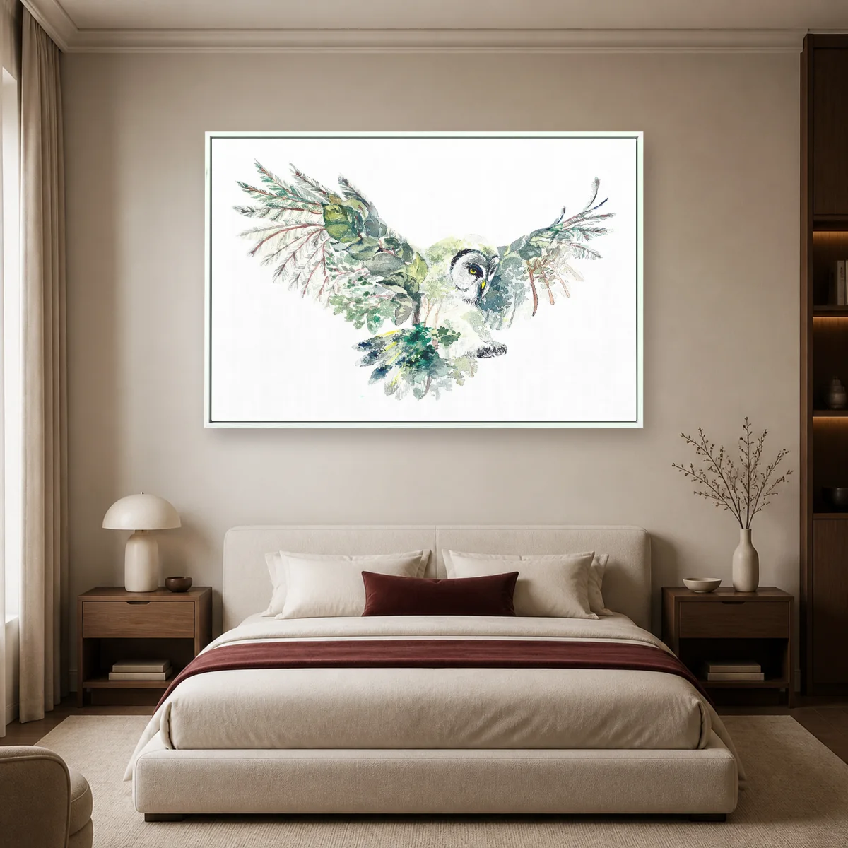 Watercolor Owl Forest Double Exposure Fine Art Print — white room mockup