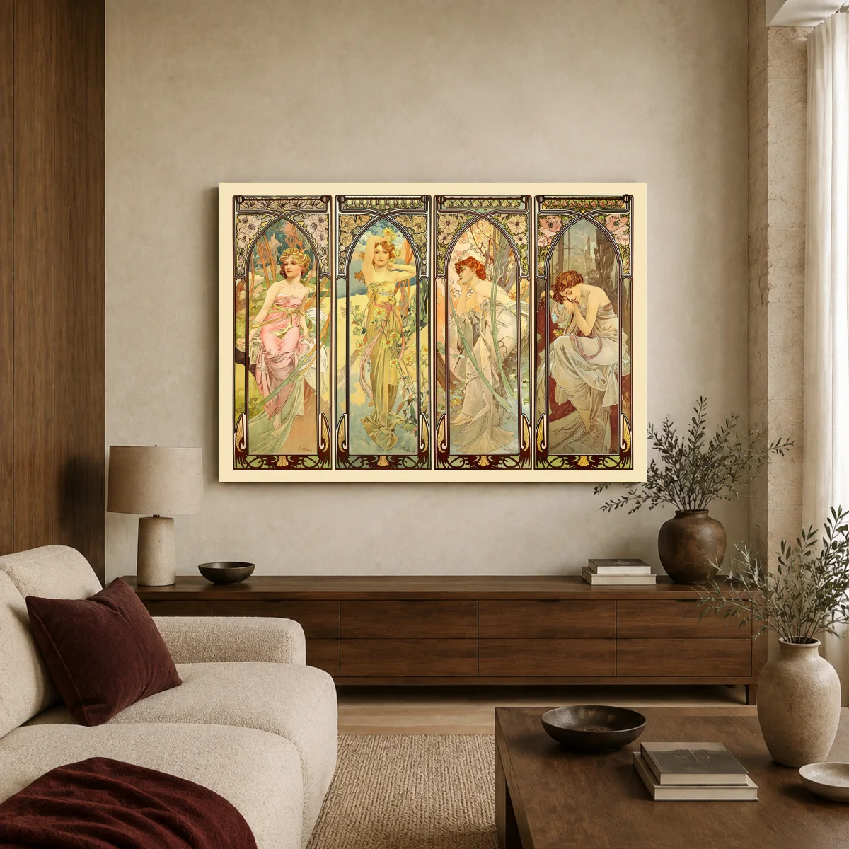 Alphonse Mucha Times of the Day Four-Panel Art Print — canvas 2 room mockup