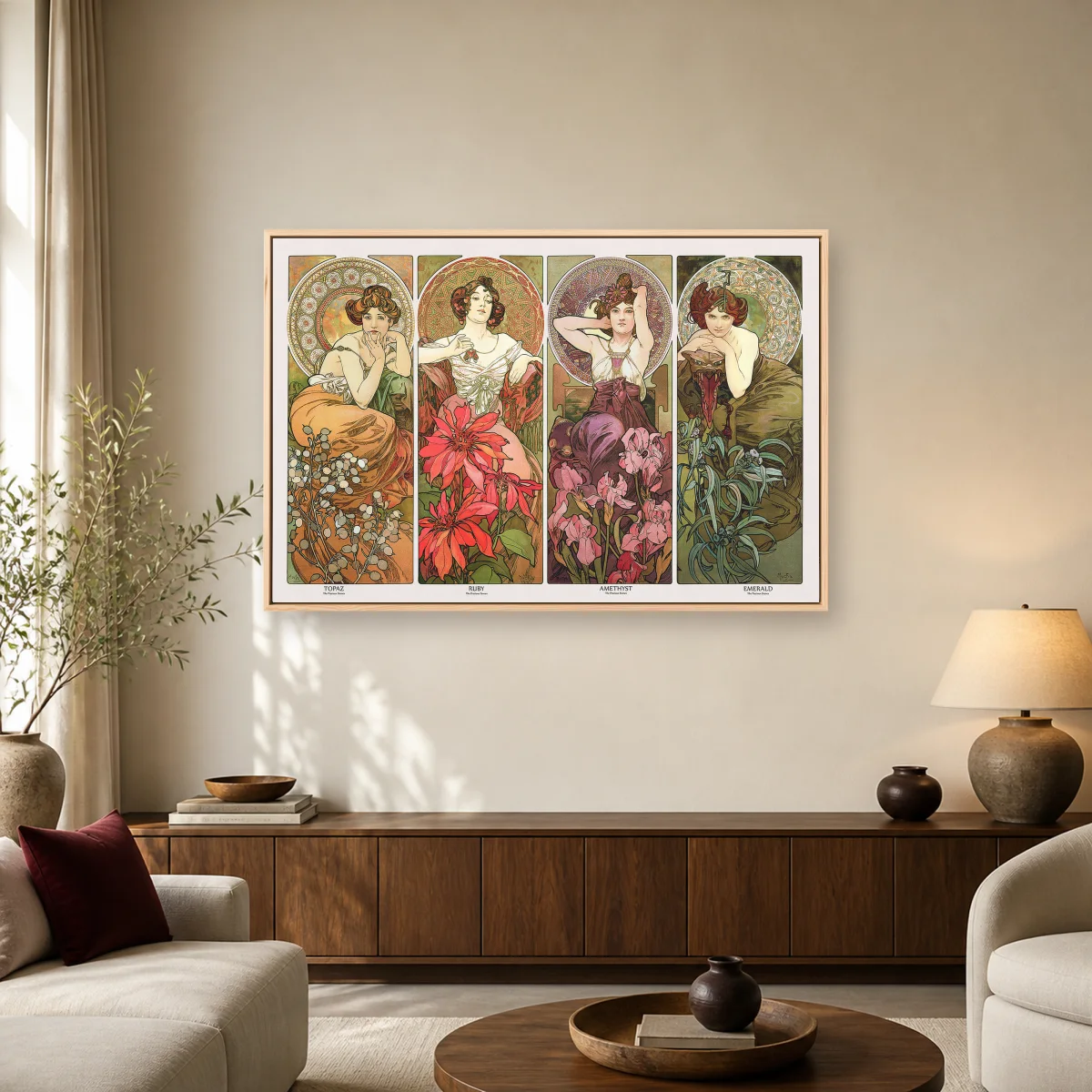 Alphonse Mucha The Precious Stones Four Panel Art Print — natural room mockup