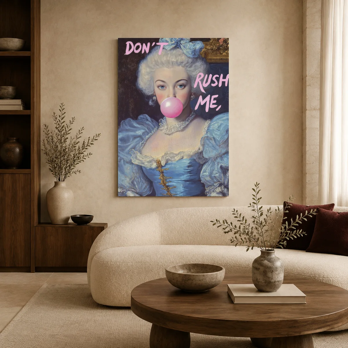 Don't Rush Me Bubblegum Noblewoman Portrait Wall Art — canvas 1 room mockup