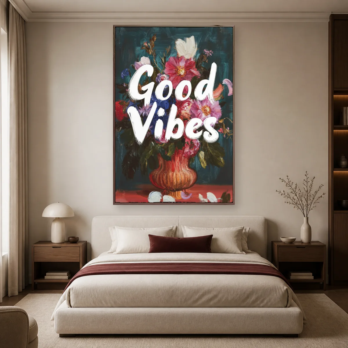 Good Vibes Floral Impasto Painting Wall Art — espresso room mockup