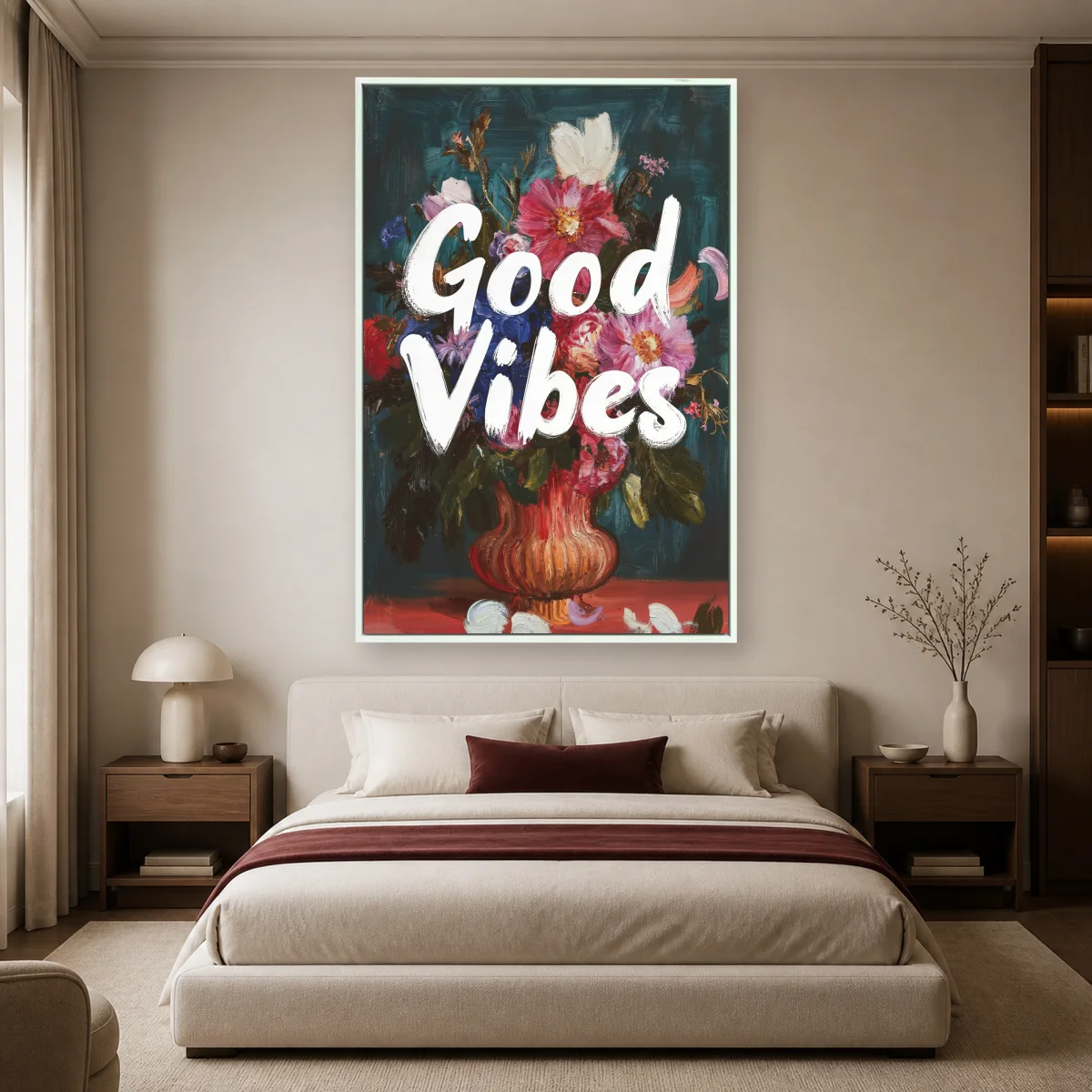 Good Vibes Floral Impasto Painting Wall Art — white room mockup