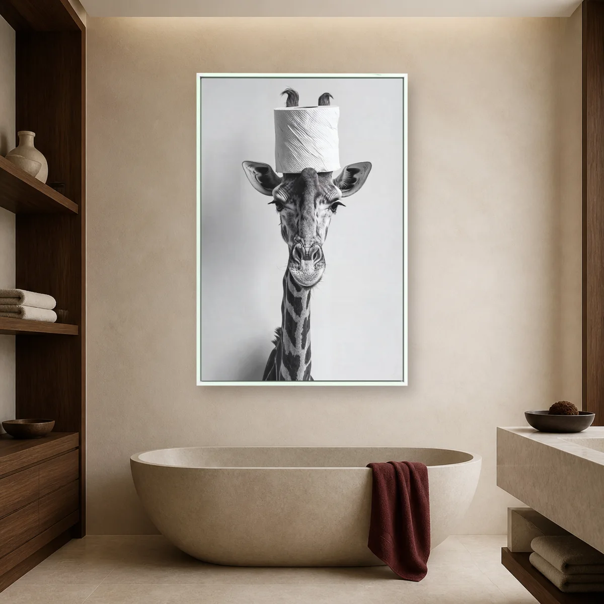 Giraffe with Toilet Paper Roll Funny Animal Wall Art — white room mockup