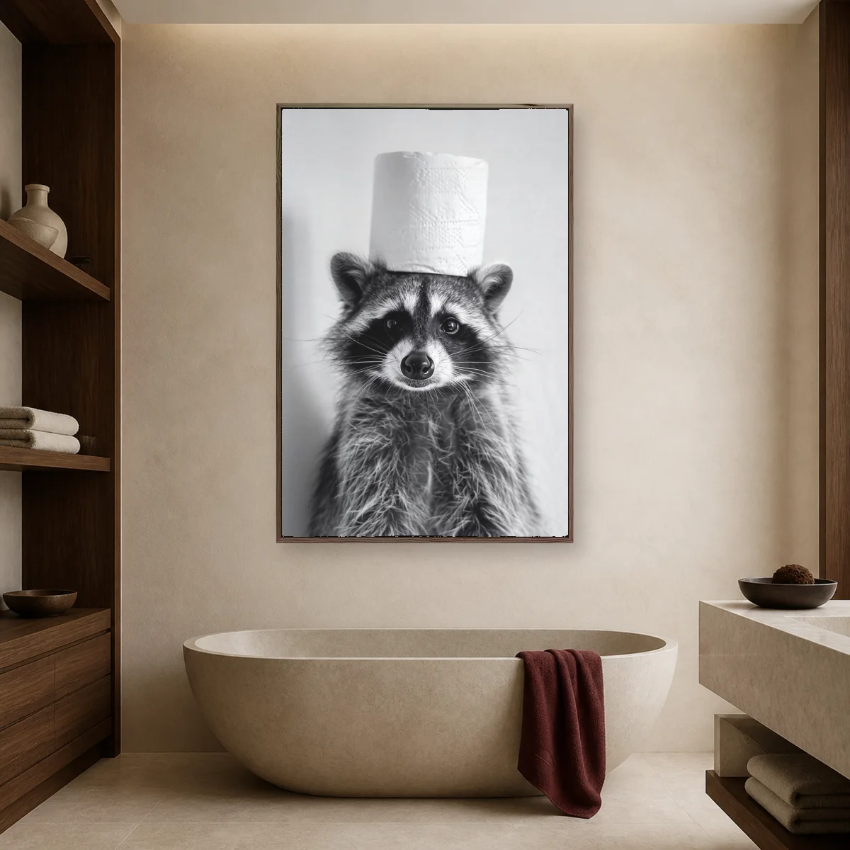 Curious Raccoon Wearing Toilet Paper Hat Black and White Print — espresso room mockup