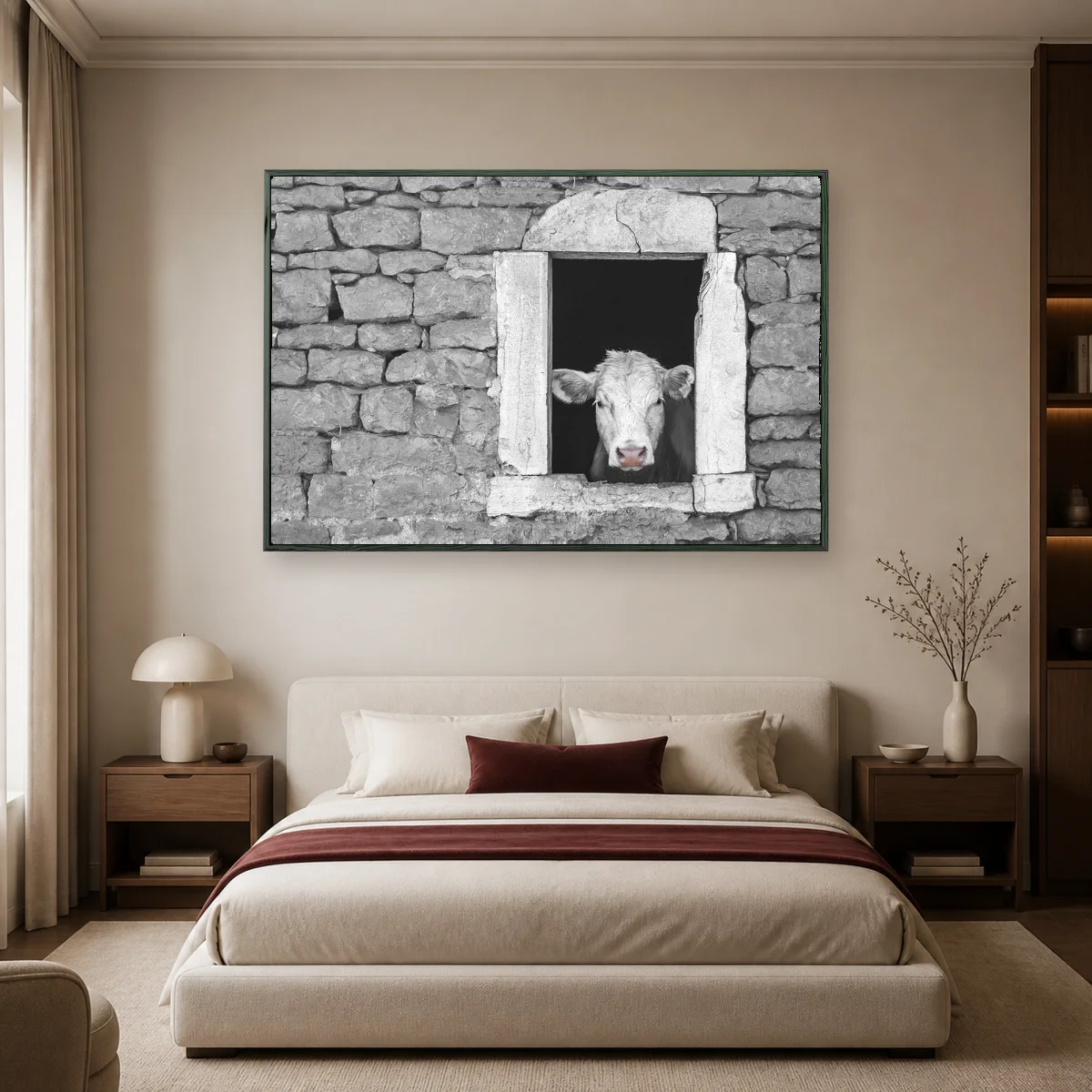 Curious Cow in Stone Window Black and White Farmhouse Wall Art — black room mockup