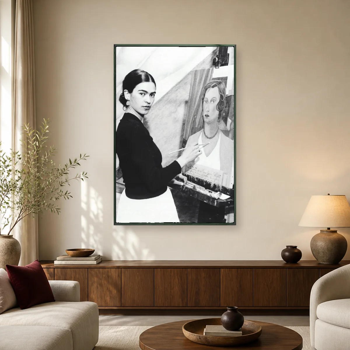 Frida Kahlo Painting in Studio Black and White Canvas Print — black room mockup