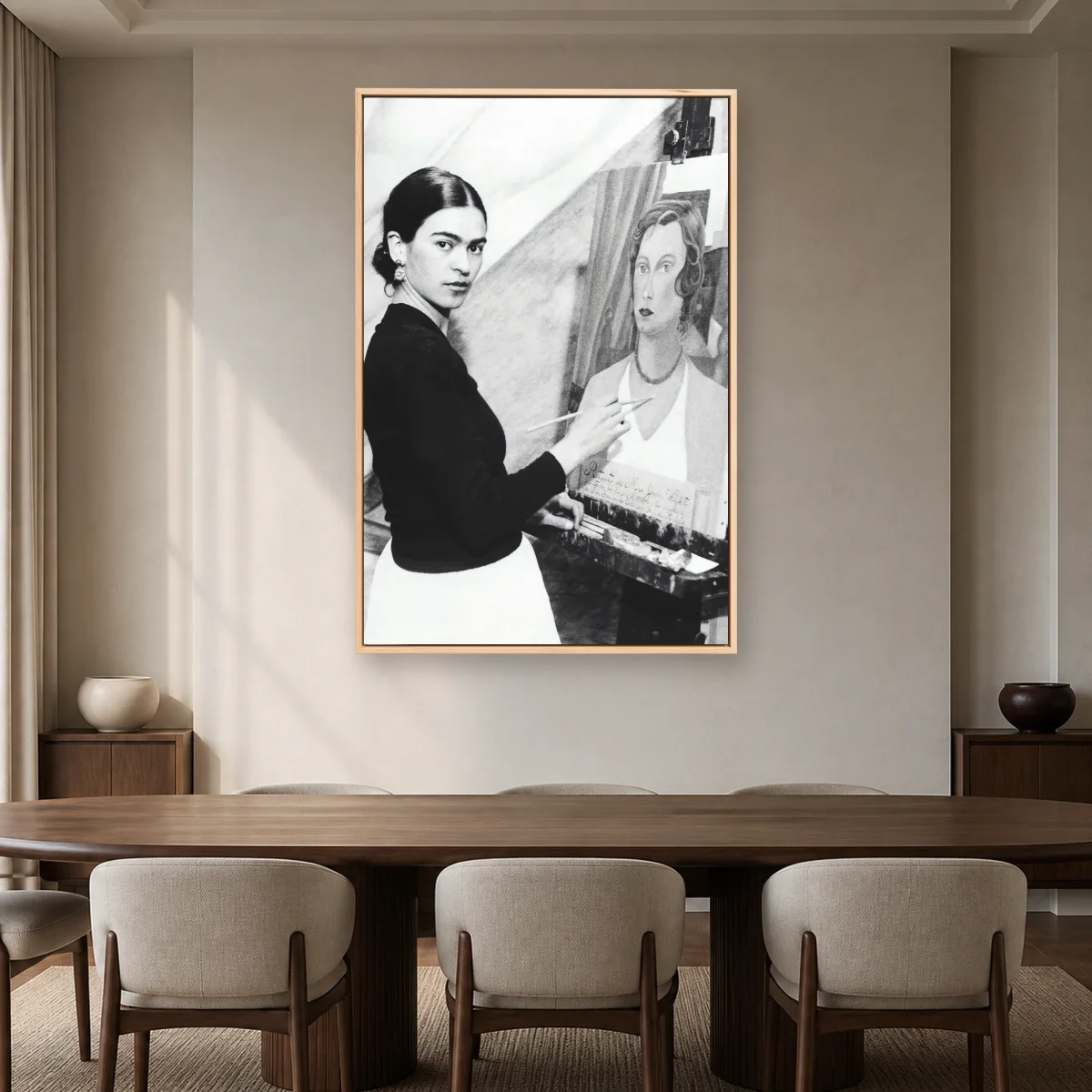 Frida Kahlo Painting in Studio Black and White Canvas Print — natural room mockup