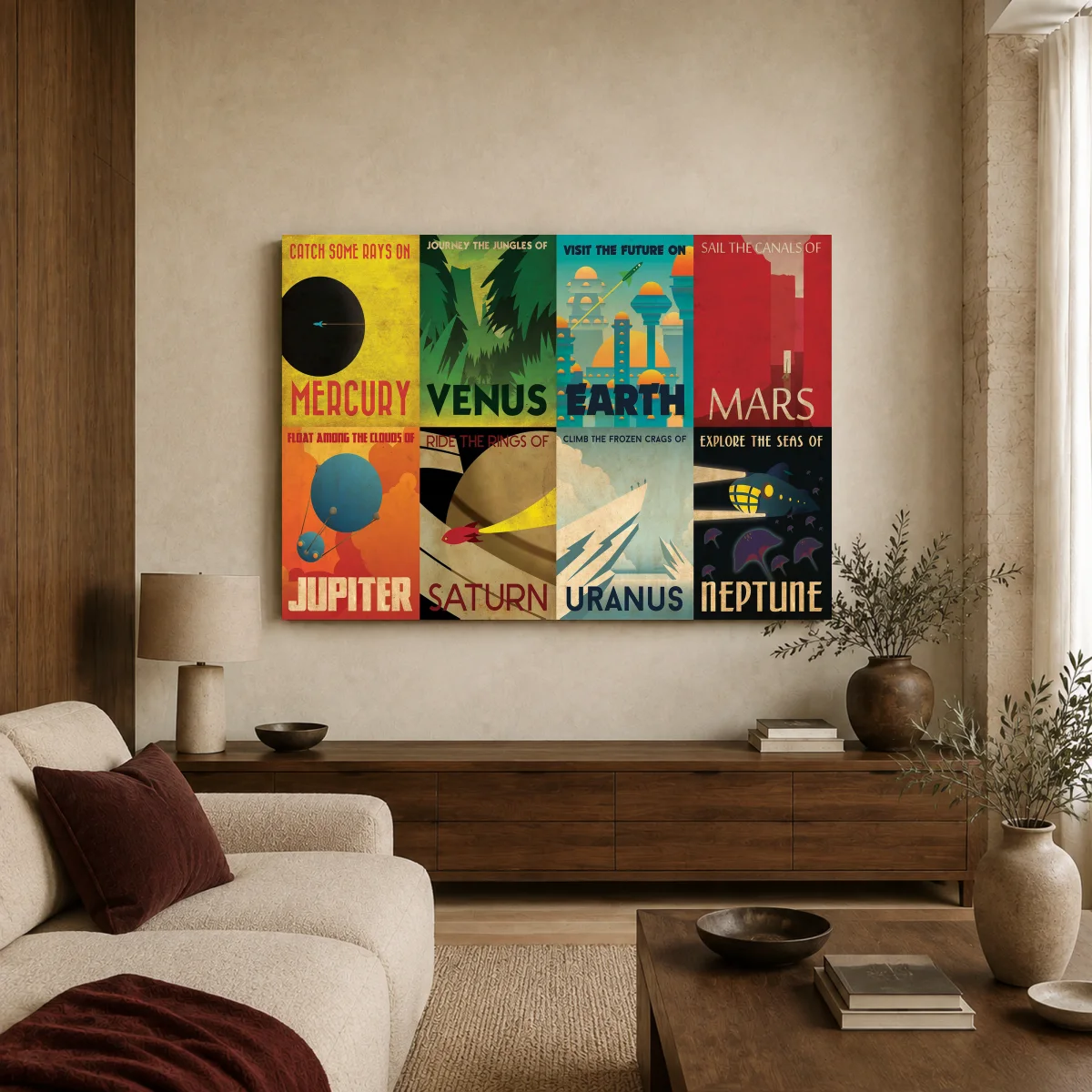 Solar System Vintage Travel Posters Sci-Fi Gallery Wall Art — canvas 1 room mockup