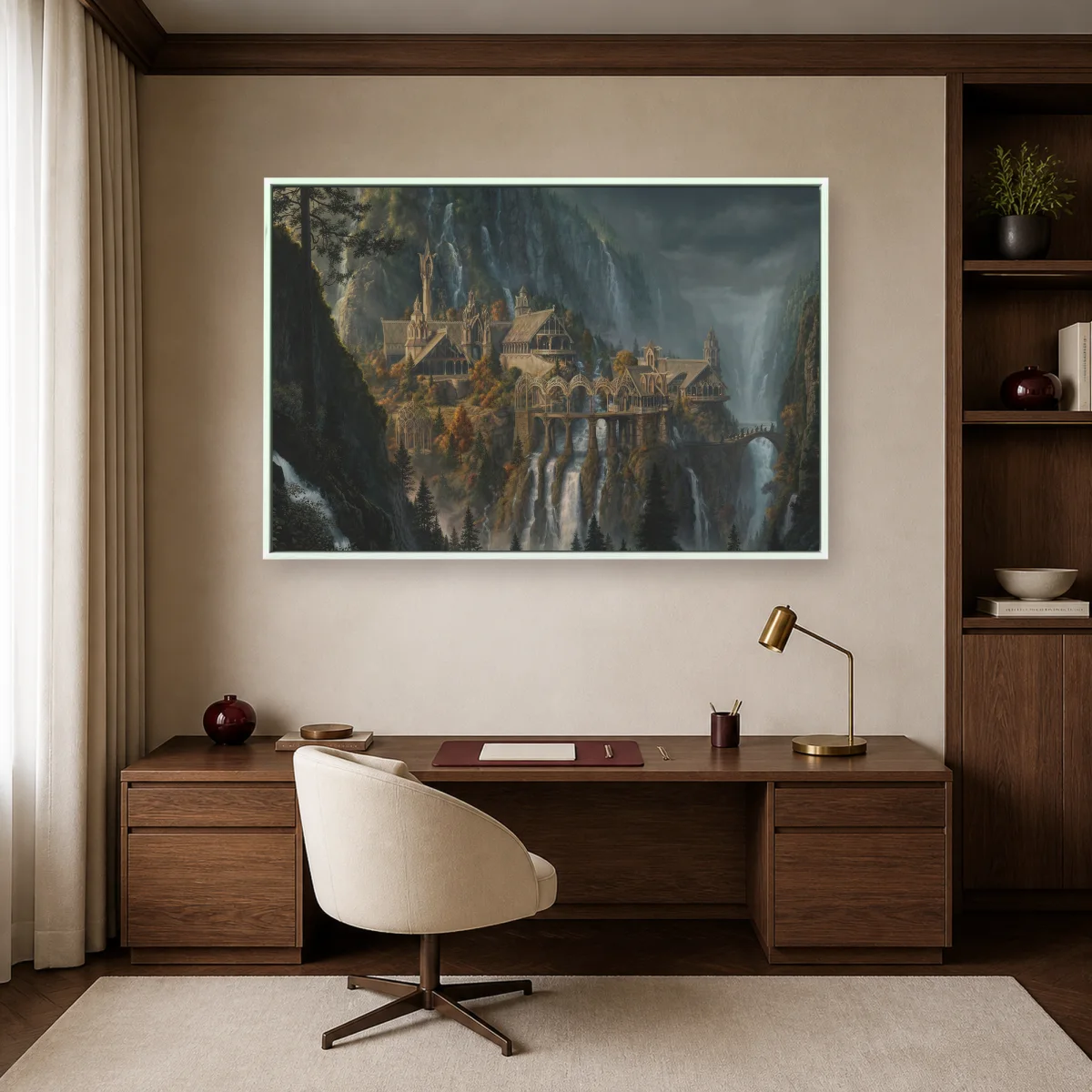 Elven Valley Citadel Fantasy Landscape Wall Art — white room mockup