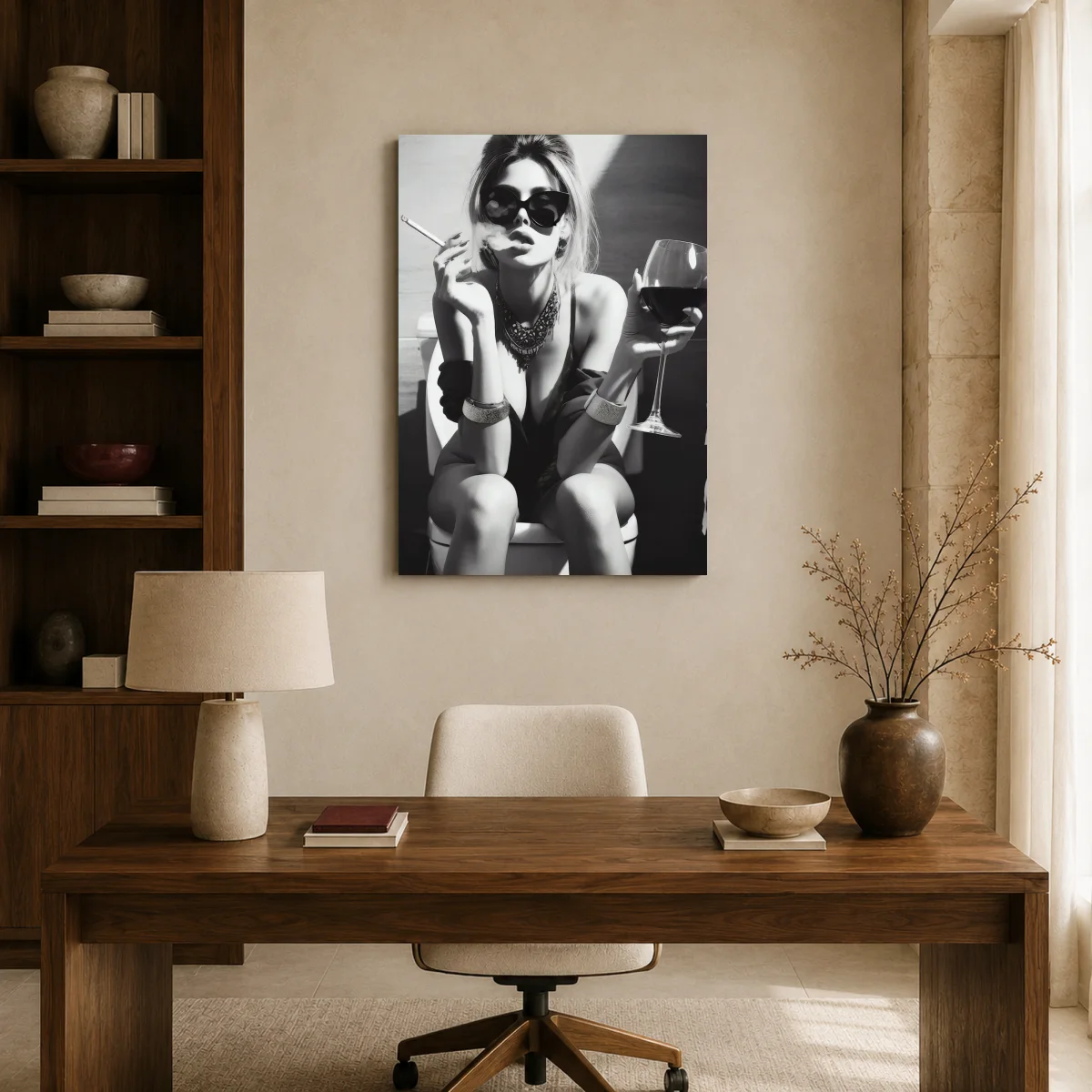 Glamorous Woman Smoking and Drinking Wine Wall Art — canvas 1 room mockup