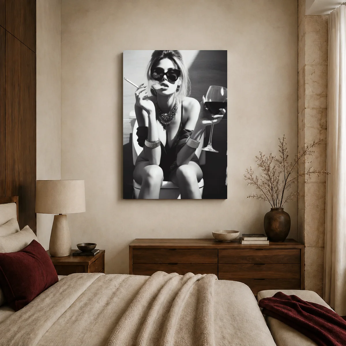 Glamorous Woman Smoking and Drinking Wine Wall Art — canvas 2 room mockup