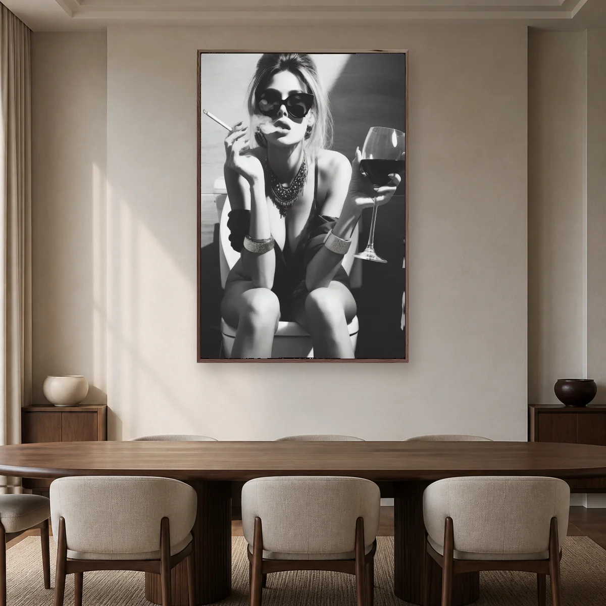 Glamorous Woman Smoking and Drinking Wine Wall Art — espresso room mockup