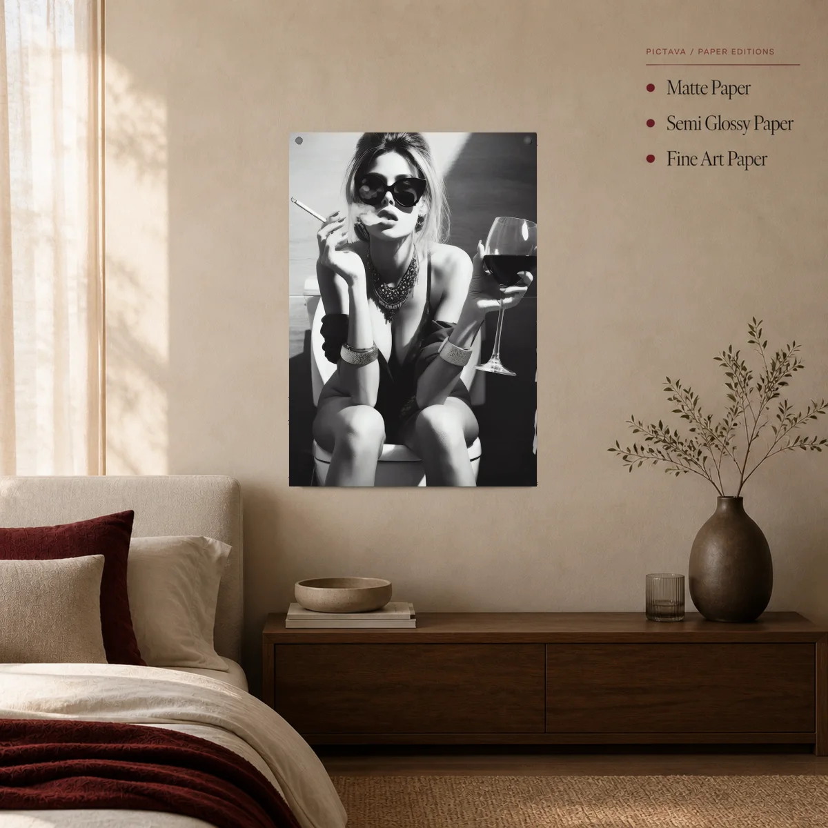 Glamorous Woman Smoking and Drinking Wine Wall Art — poster room mockup