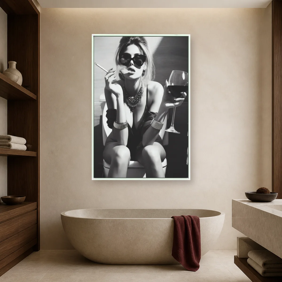 Glamorous Woman Smoking and Drinking Wine Wall Art — white room mockup