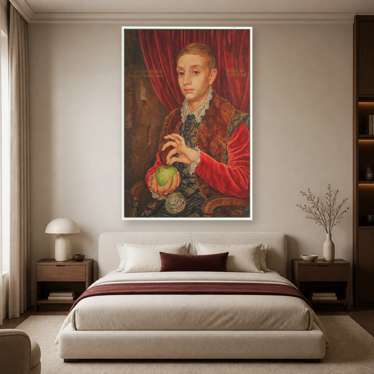 Renaissance Boy Portrait with Green Apple Canvas Print — white room mockup