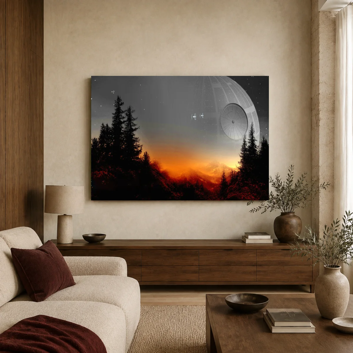 Death Star Over Forest Sci-Fi Movie Wall Art — canvas 1 room mockup