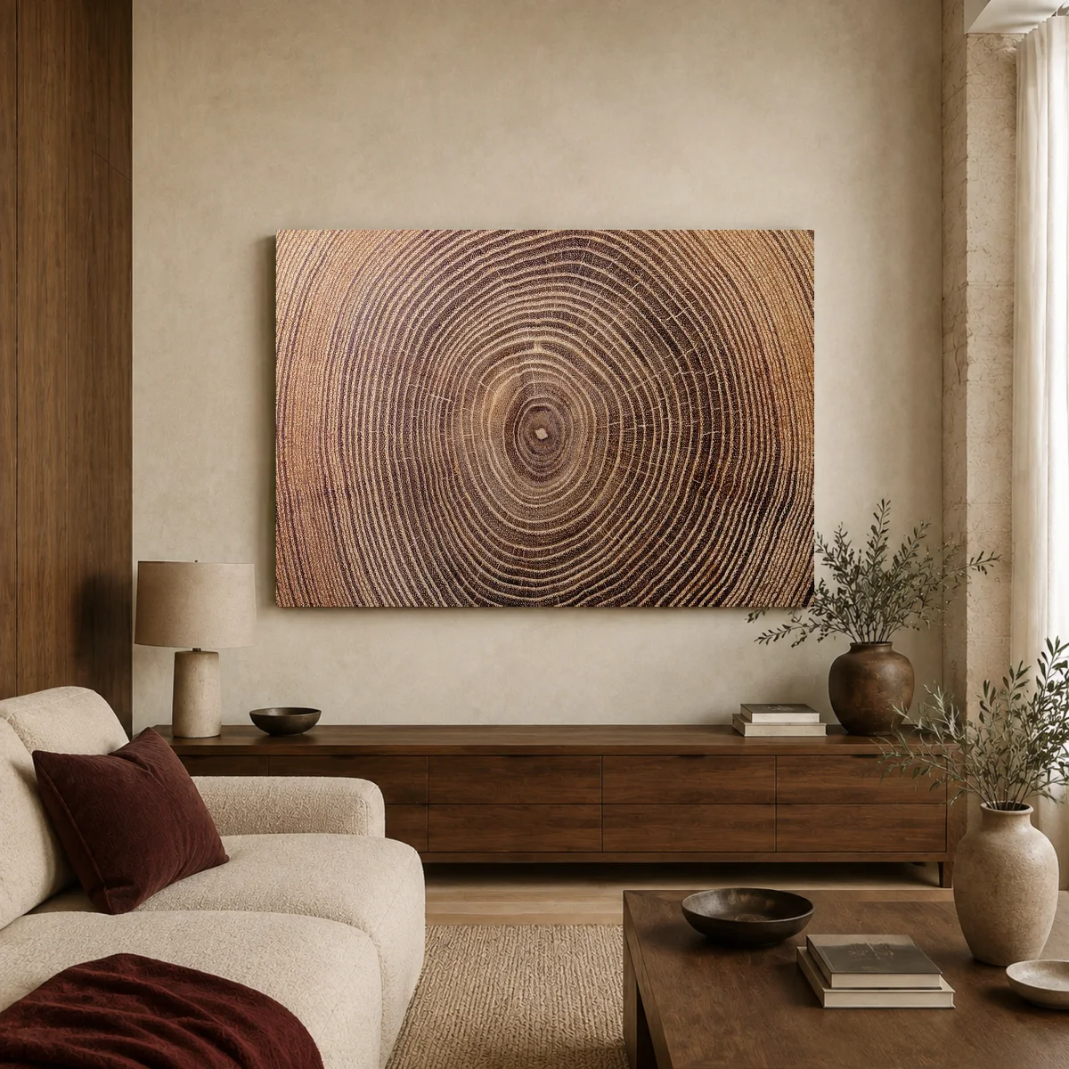 Wooden Growth Rings Natural Tree Cross-Section Wall Art — canvas 2 room mockup