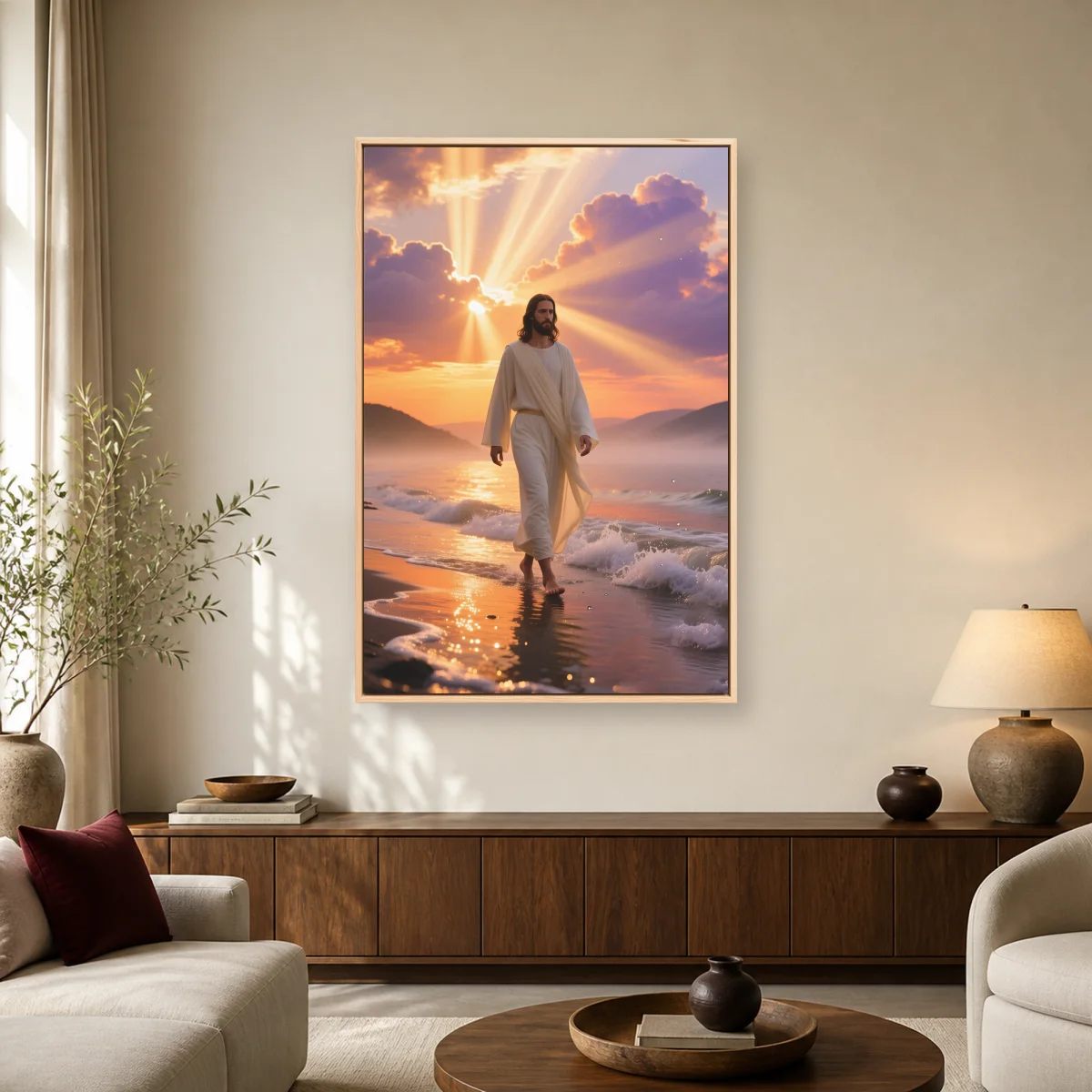 Jesus Walking on Water Sunrise Coastal Canvas Print — natural room mockup