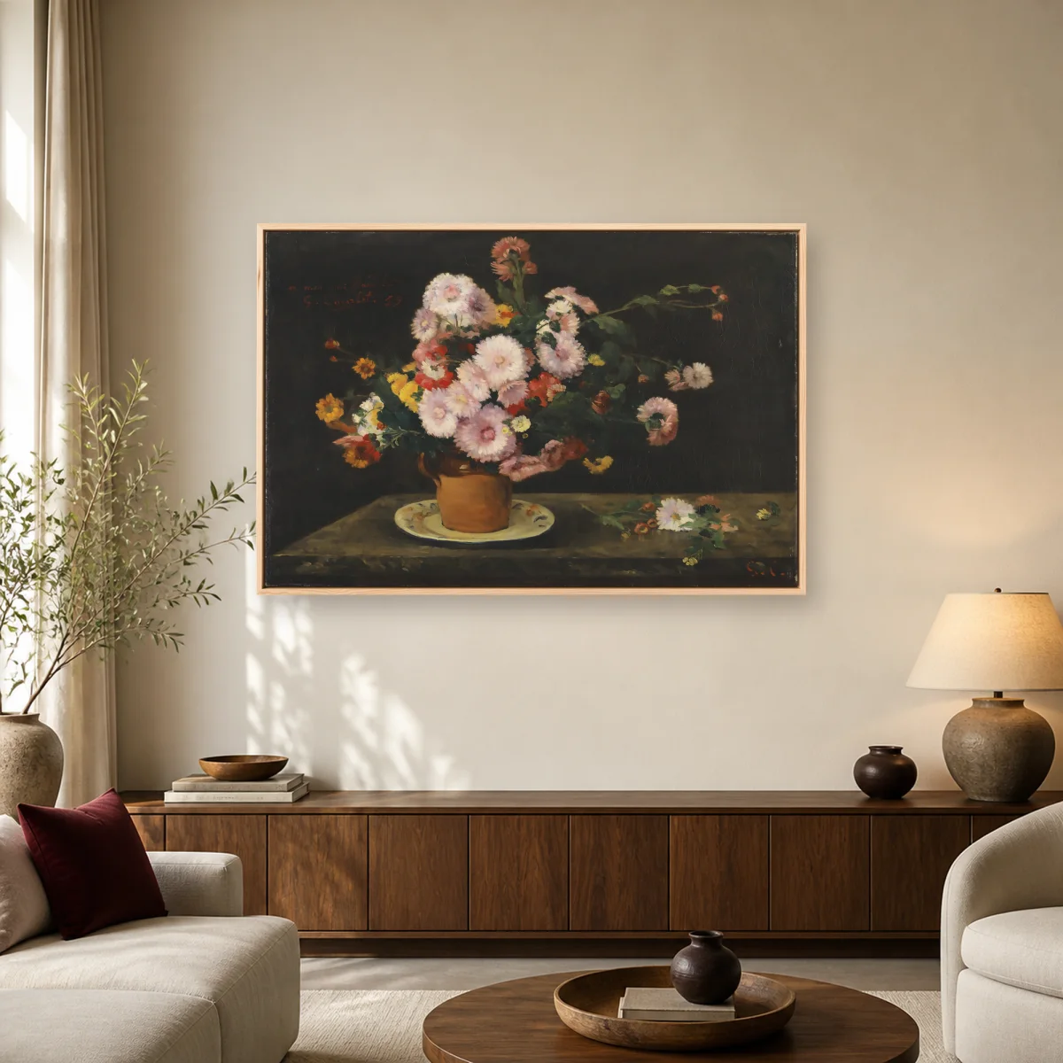 Gustave Courbet Bouquet of Chrysanthemums Fine Art Print — natural room mockup