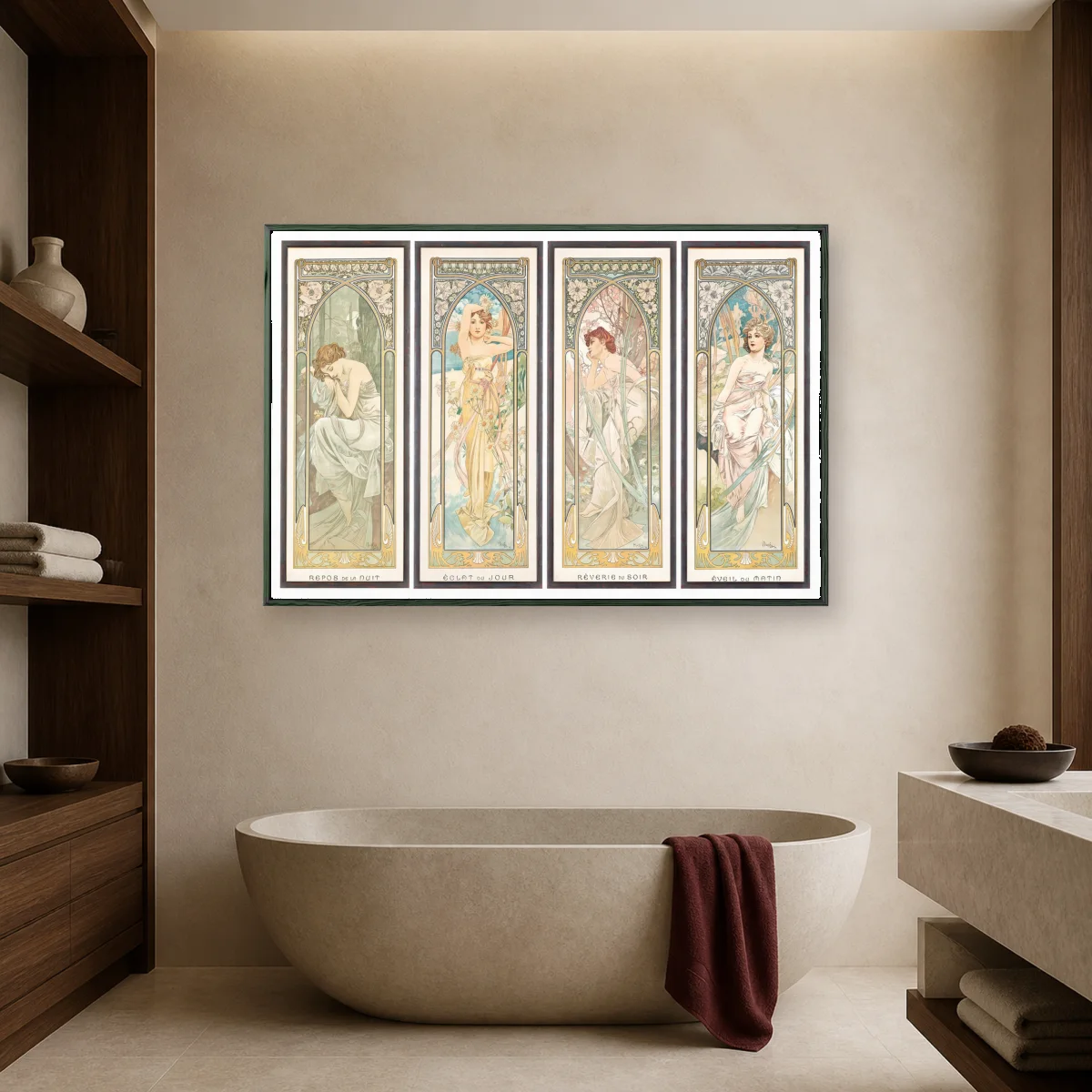 Alphonse Mucha Times of the Day Floral Arches Print — black room mockup