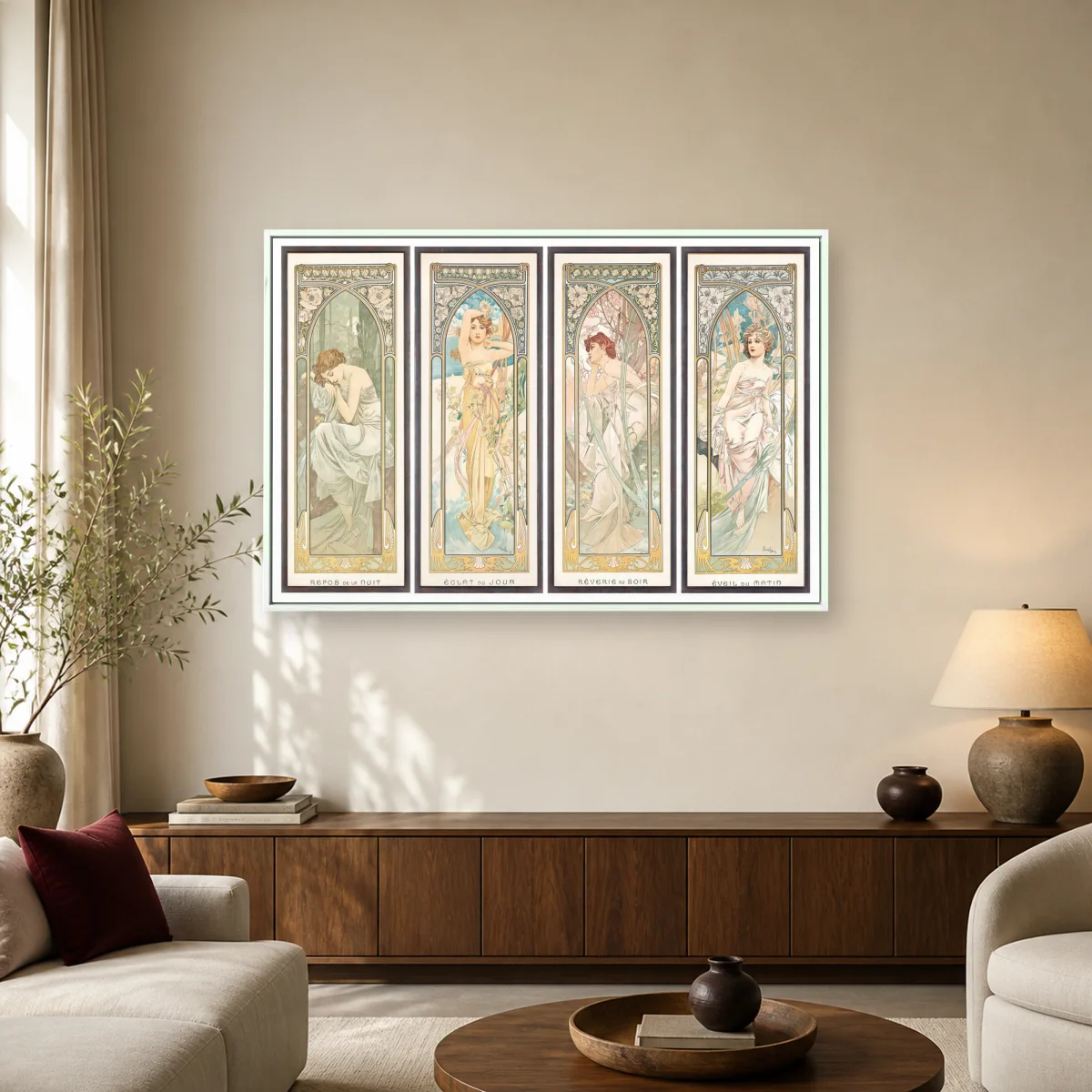 Alphonse Mucha Times of the Day Floral Arches Print — white room mockup