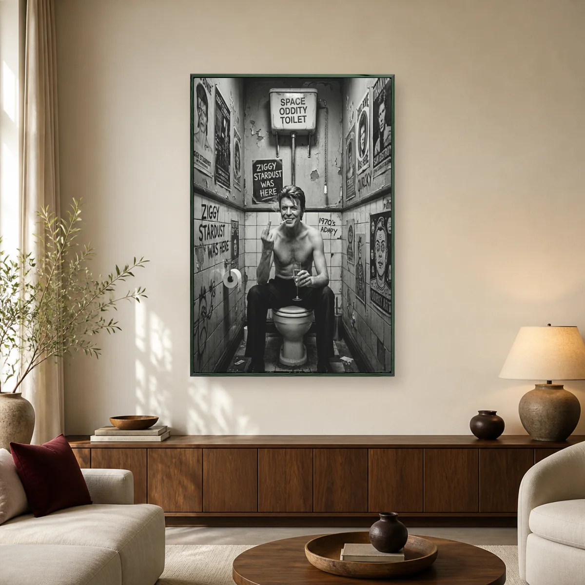 David Bowie Ziggy Stardust Toilet Parody Canvas Art — black room mockup