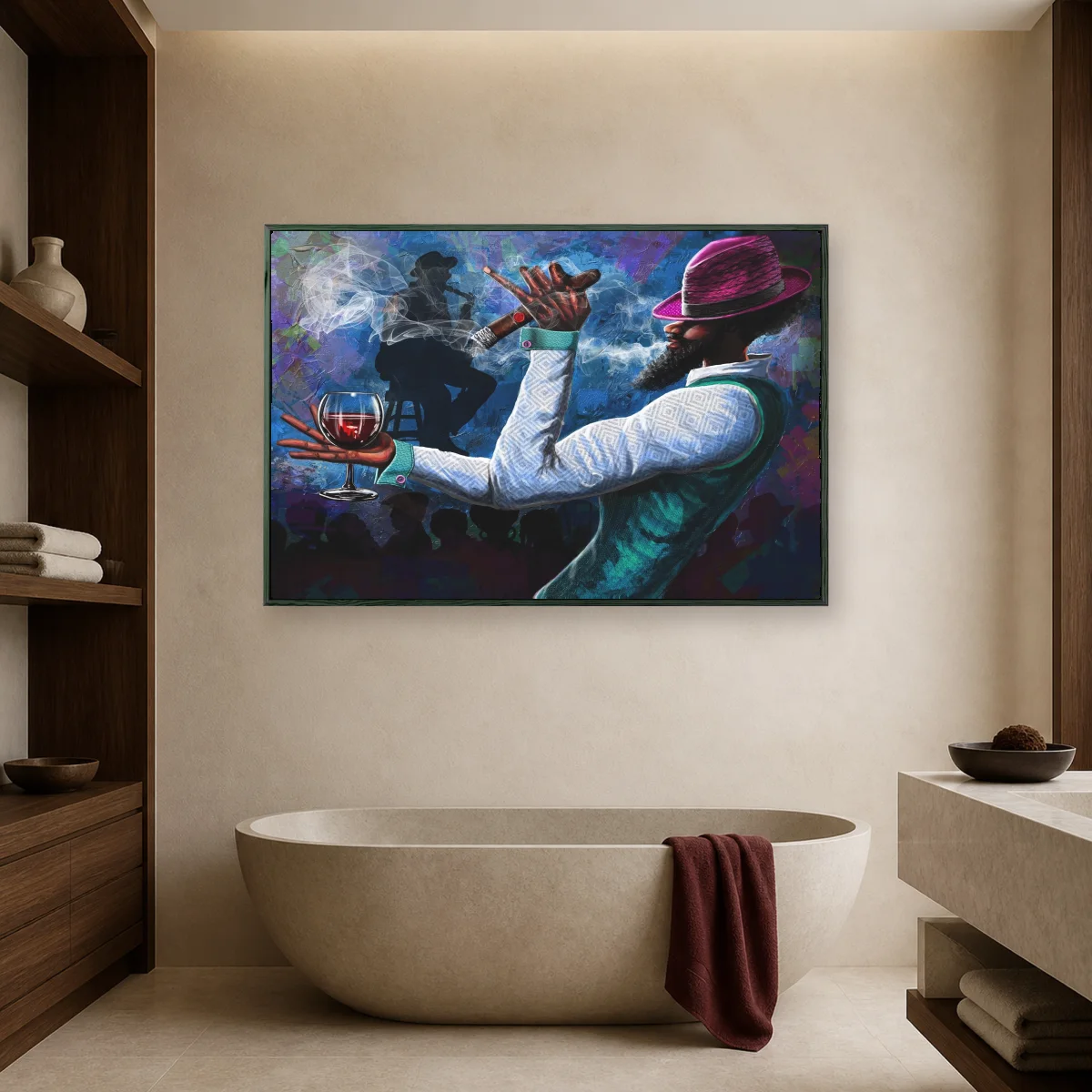 Stylish Man with Cigar and Wine - Modern Portrait Art — black room mockup