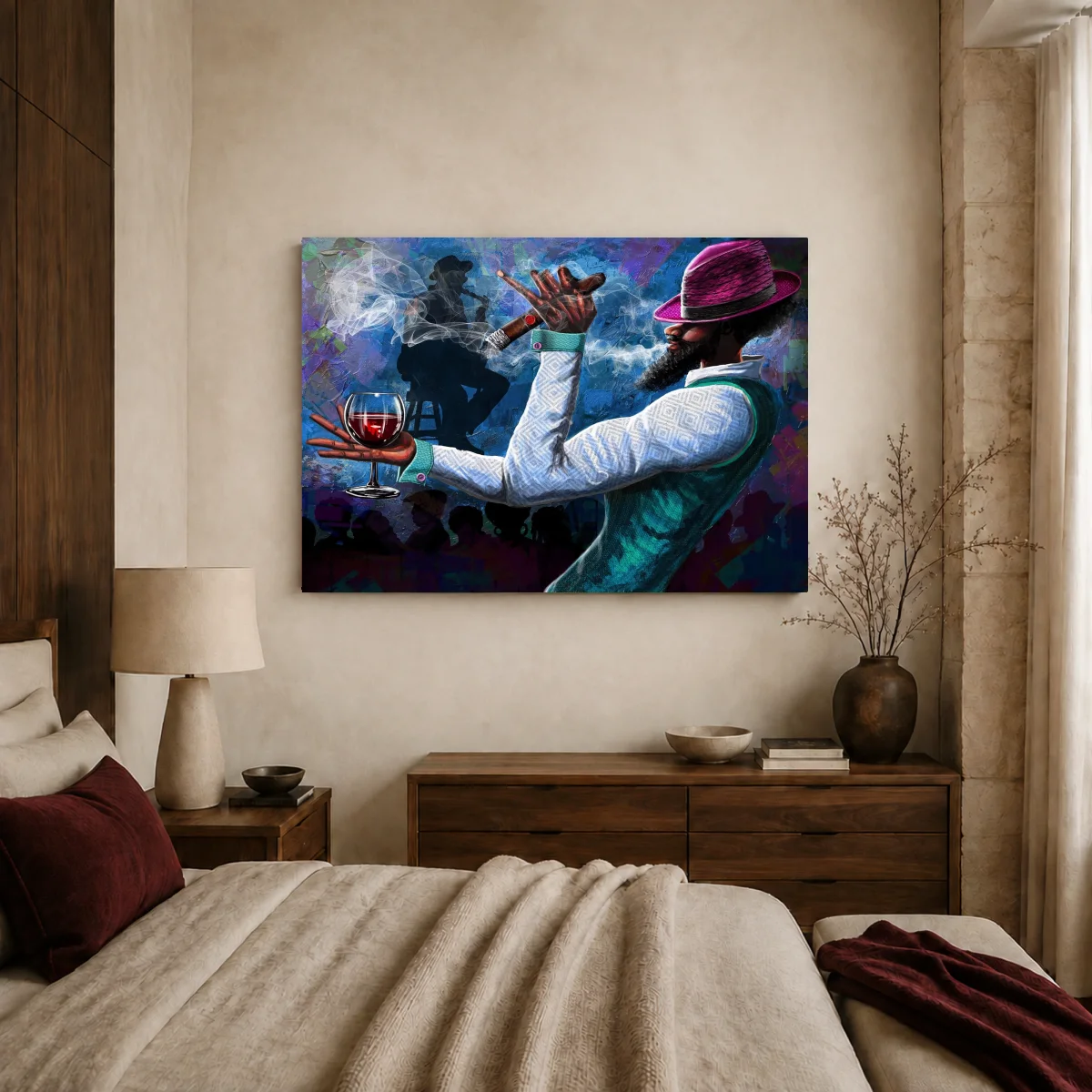Stylish Man with Cigar and Wine - Modern Portrait Art — canvas 1 room mockup