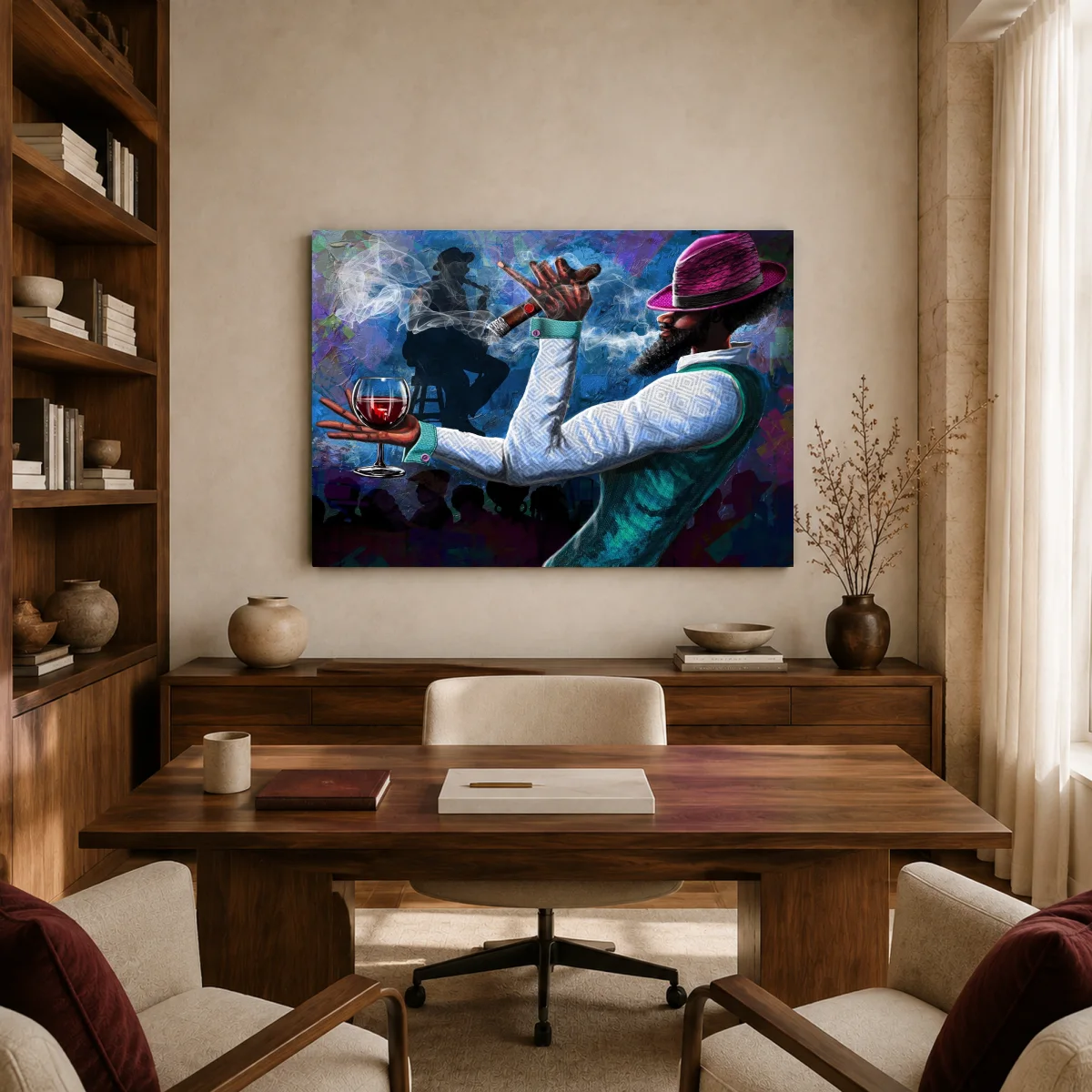 Stylish Man with Cigar and Wine - Modern Portrait Art — canvas 2 room mockup