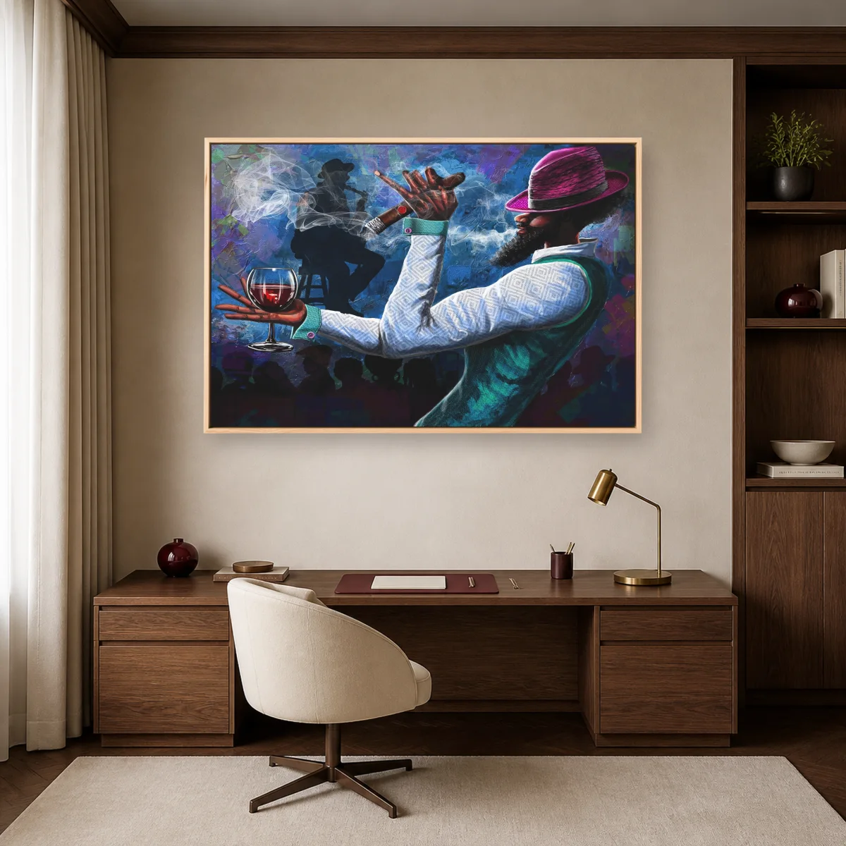 Stylish Man with Cigar and Wine - Modern Portrait Art — natural room mockup