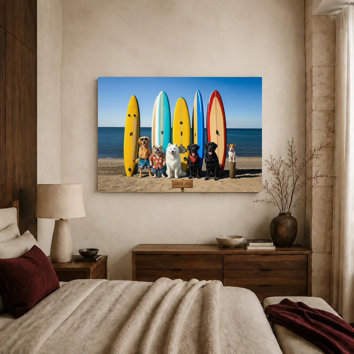Surrer Dogs Colorful Beach Surfboard Wall Art — canvas 1 room mockup