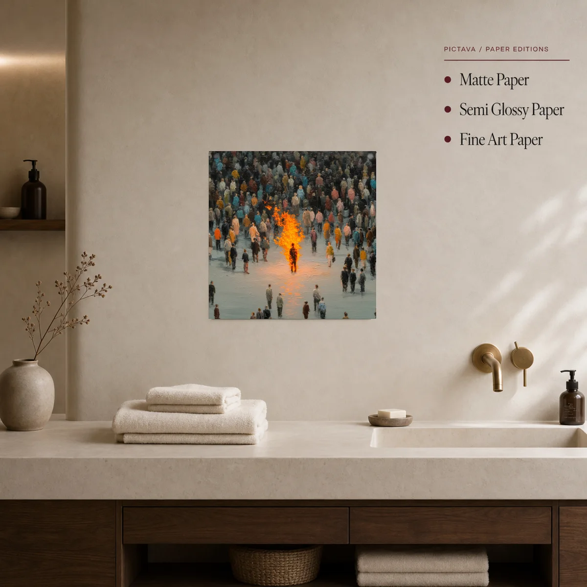 The Burning Figure Surrealist Crowd Wall Art — poster room mockup