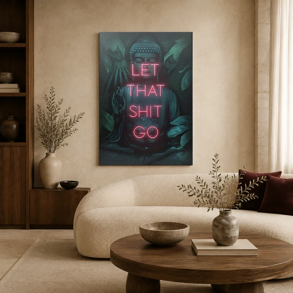 Let That Shit Go Buddha Neon Canvas Wall Art — canvas 1 room mockup