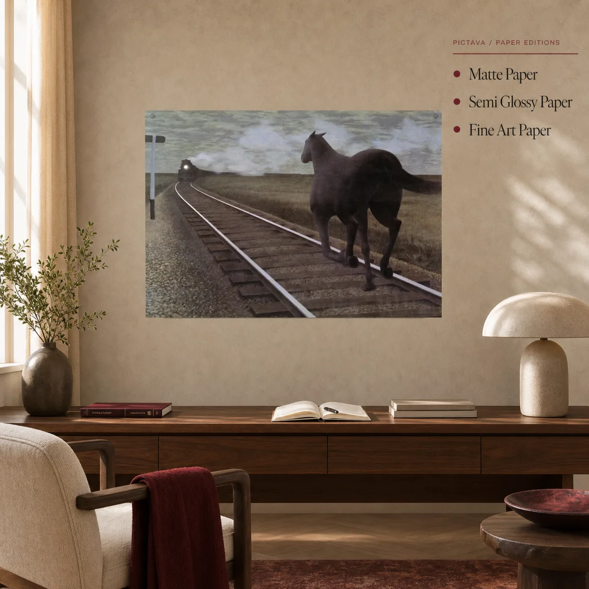 Surrealist Horse and Train Fine Art Canvas Print — poster room mockup