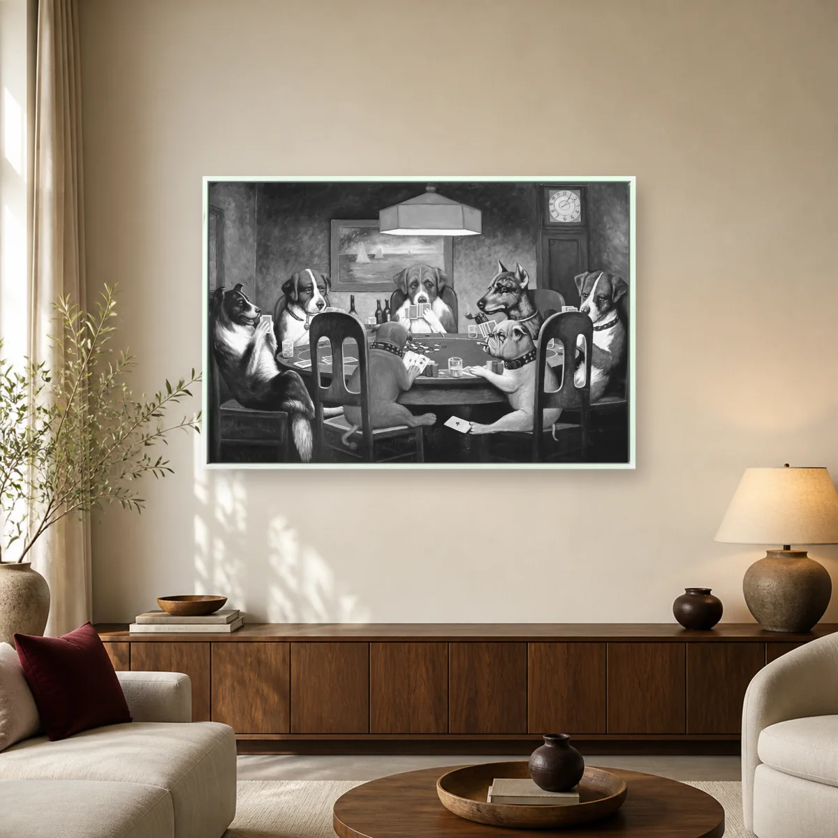 Dogs Playing Poker Black and White Vintage Wall Art — white room mockup