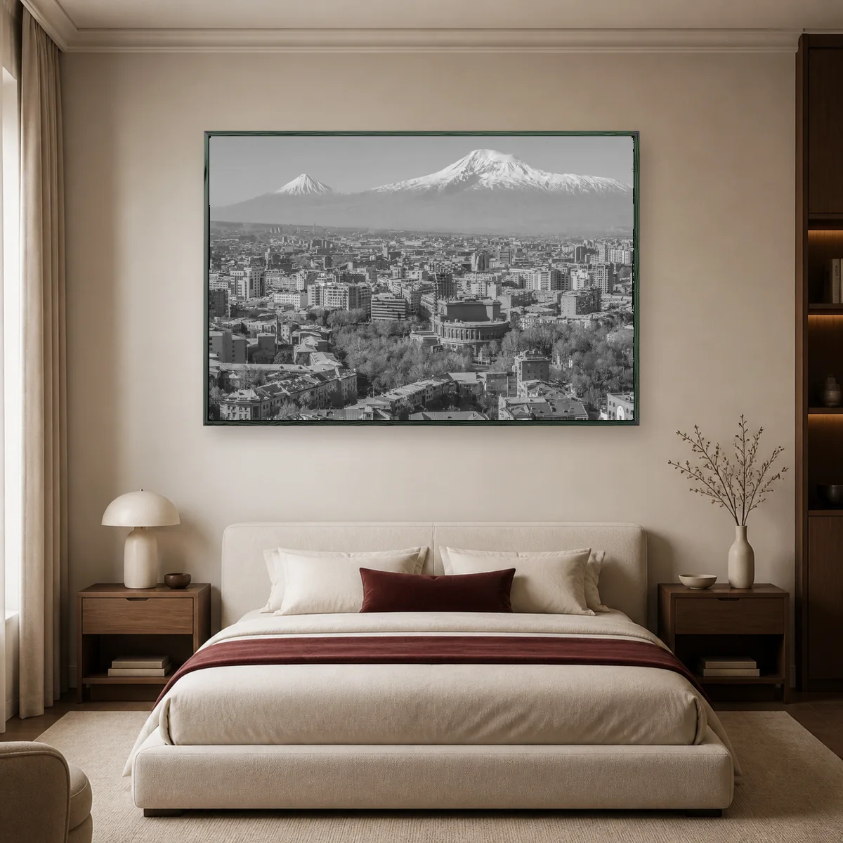 Yerevan Skyline and Mount Ararat Black and White Wall Art Print — black room mockup