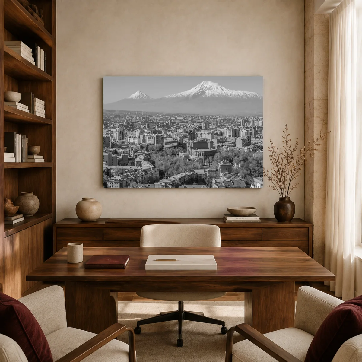 Yerevan Skyline and Mount Ararat Black and White Wall Art Print — canvas 2 room mockup