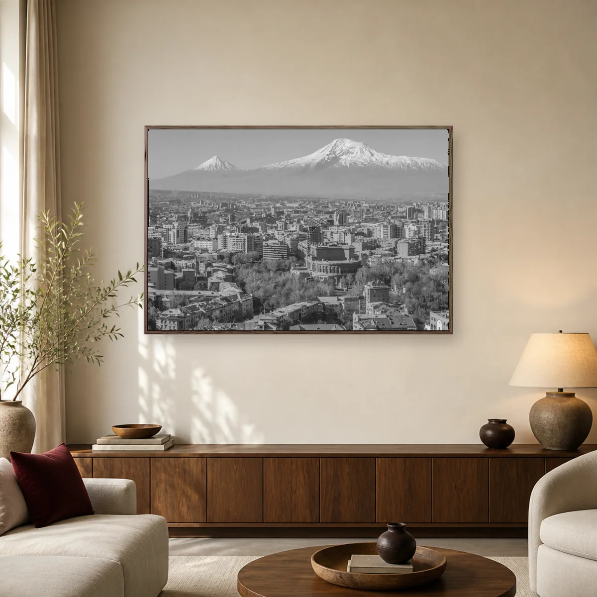 Yerevan Skyline and Mount Ararat Black and White Wall Art Print — espresso room mockup