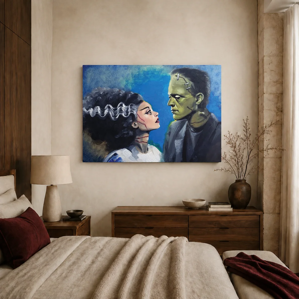 Frankenstein and Bride Romantic Portrait Canvas Print — canvas 1 room mockup
