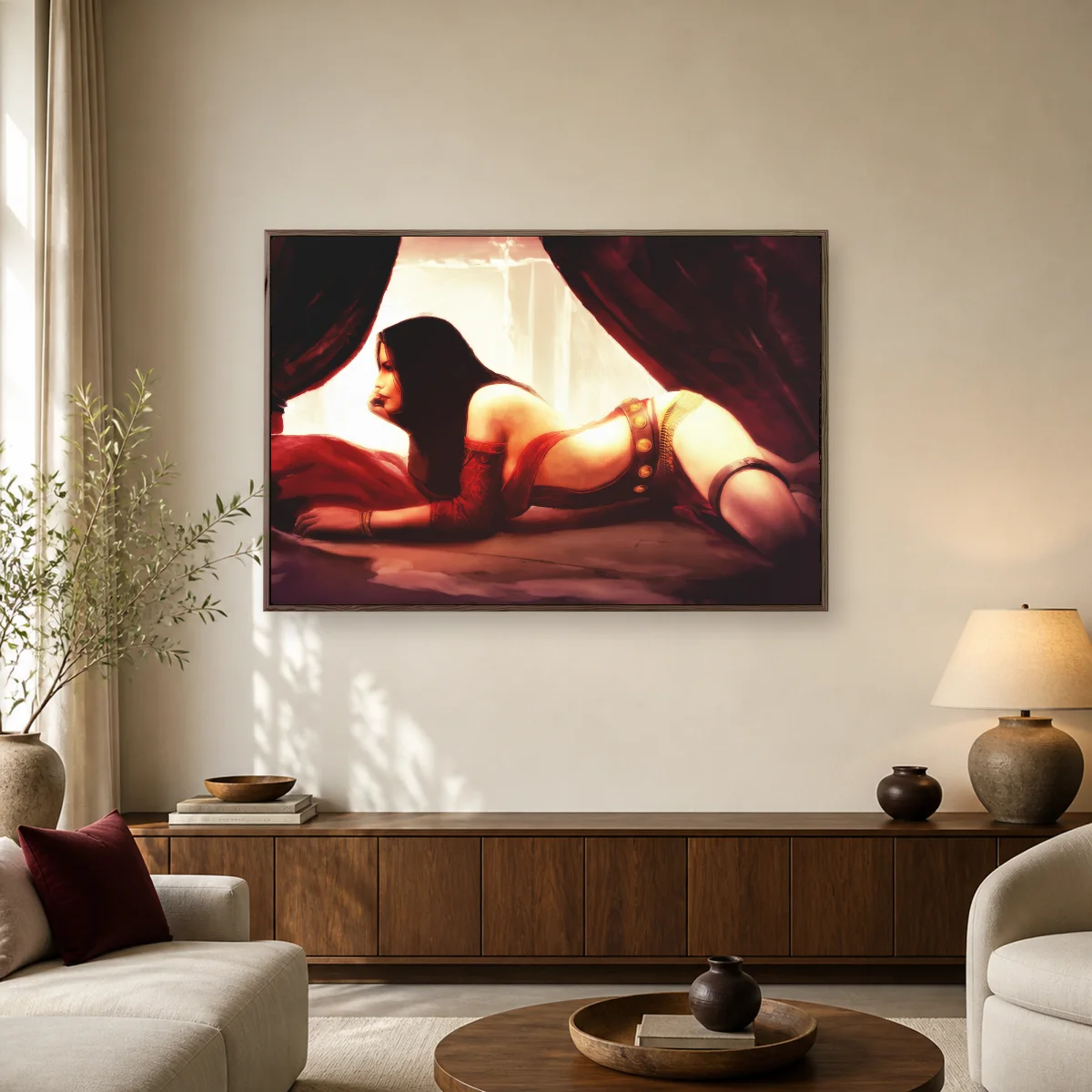 Morrigan Aensland Scarlet Recline Canvas Art — espresso room mockup