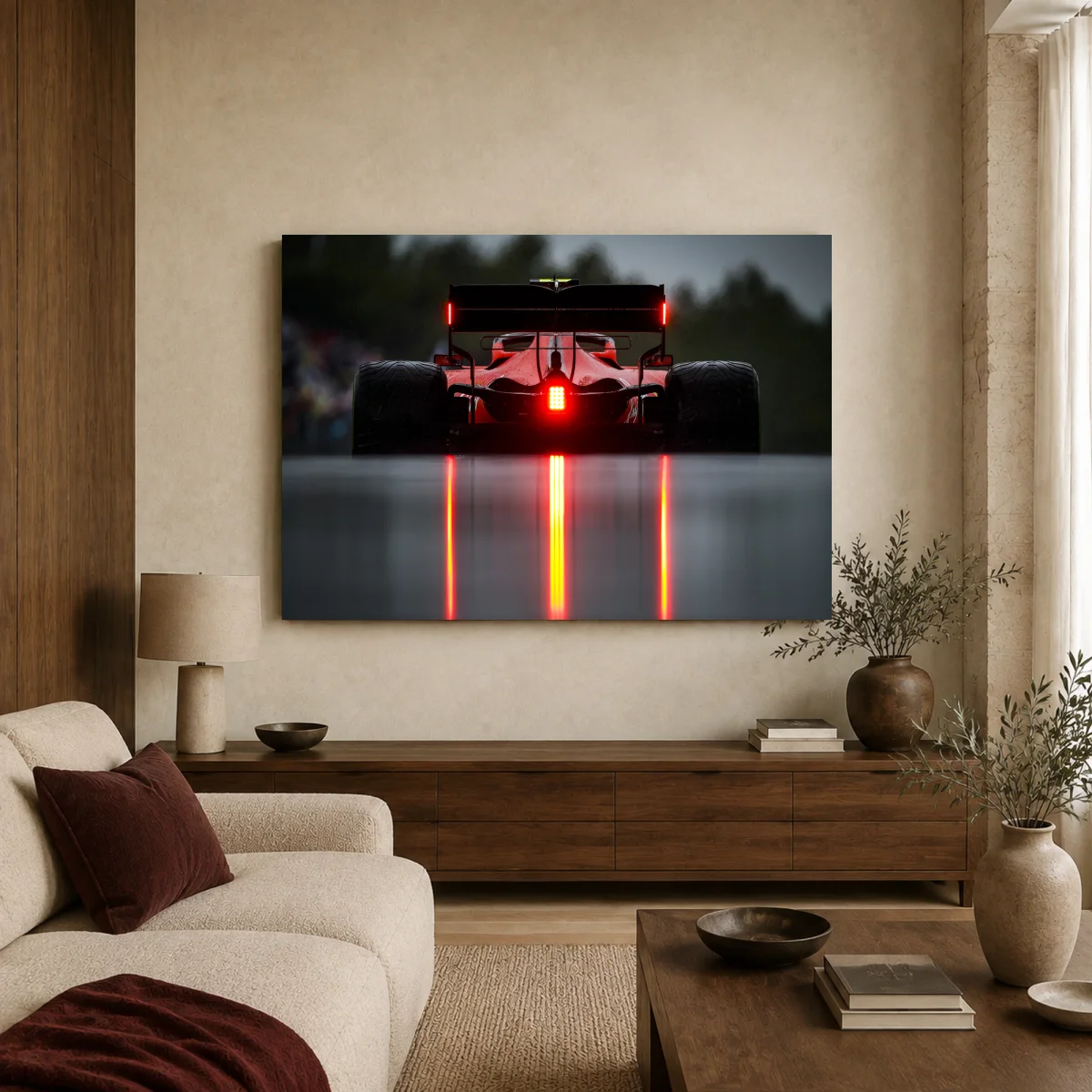 Formula One Wet Race Rear View Canvas Print — canvas 2 room mockup