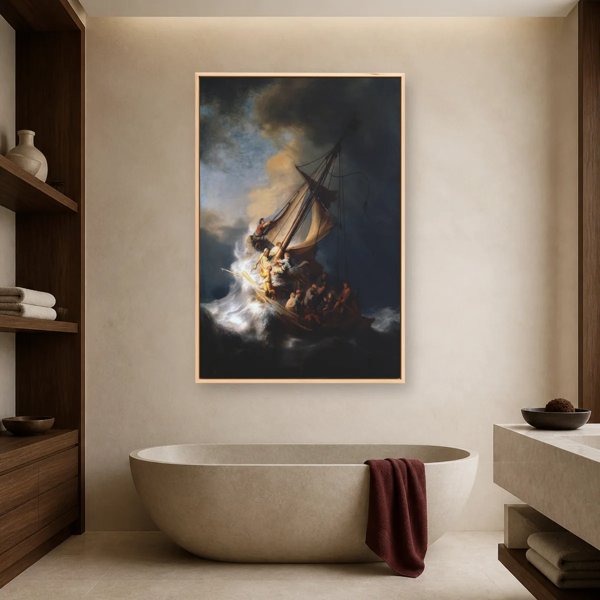 Rembrandt Storm on the Sea of Galilee Fine Art Canvas Print — natural room mockup