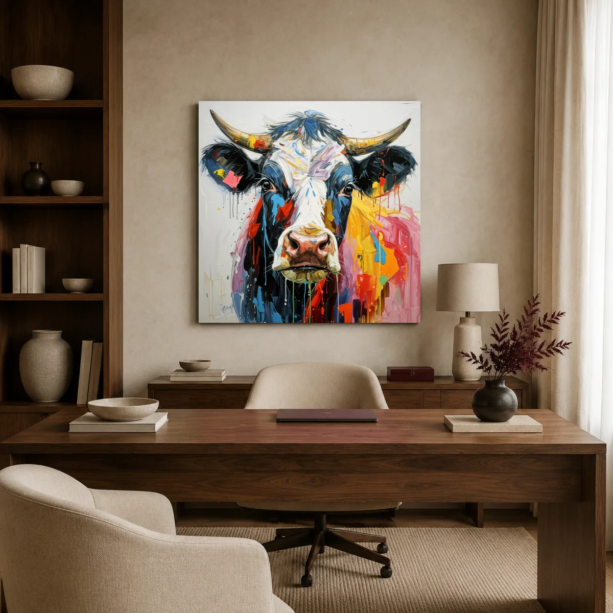 Colorful Abstract Cow Portrait Canvas Print — canvas 2 room mockup