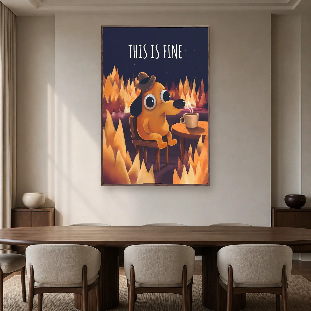 This Is Fine Dog Meme Wall Art — espresso room mockup