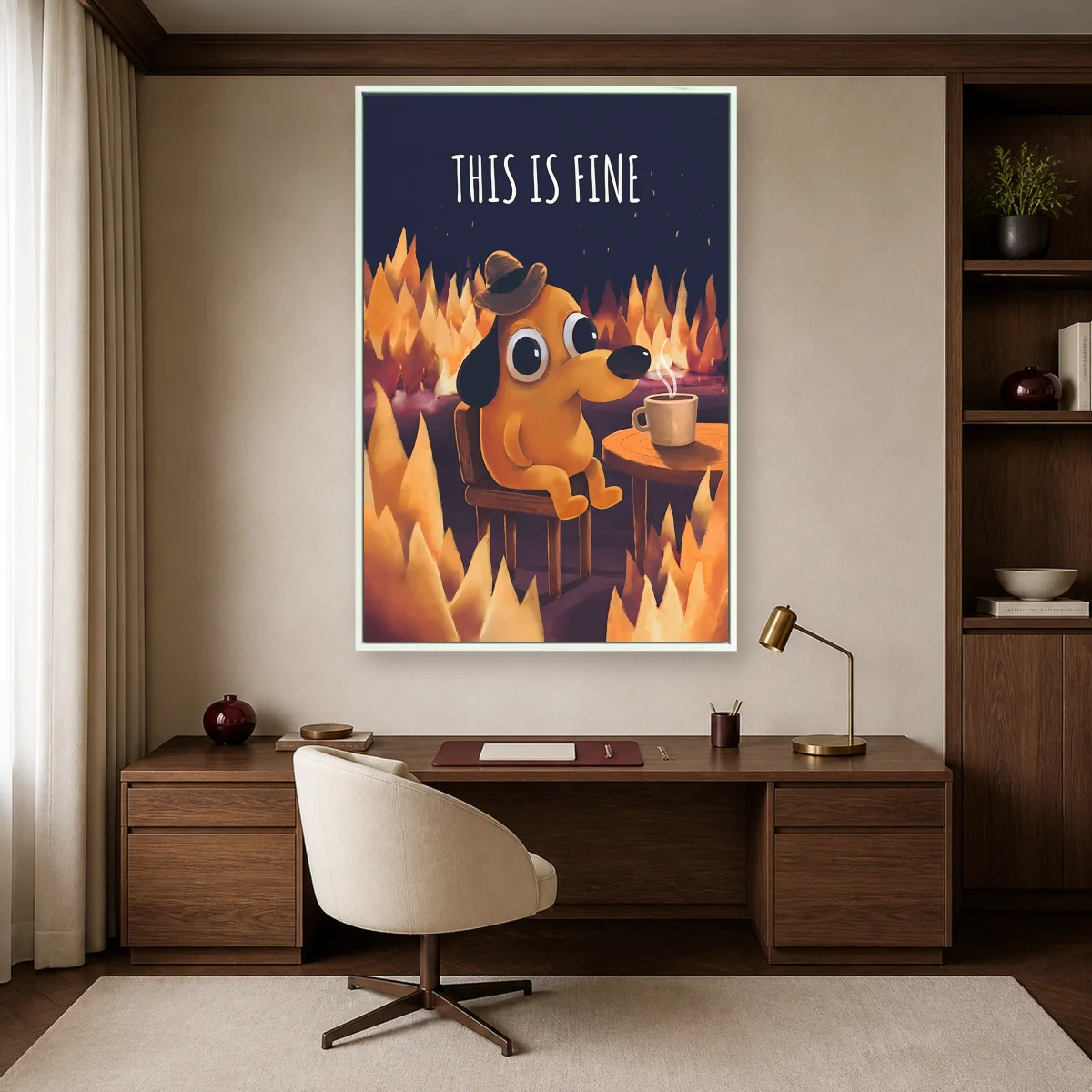 This Is Fine Dog Meme Wall Art — white room mockup